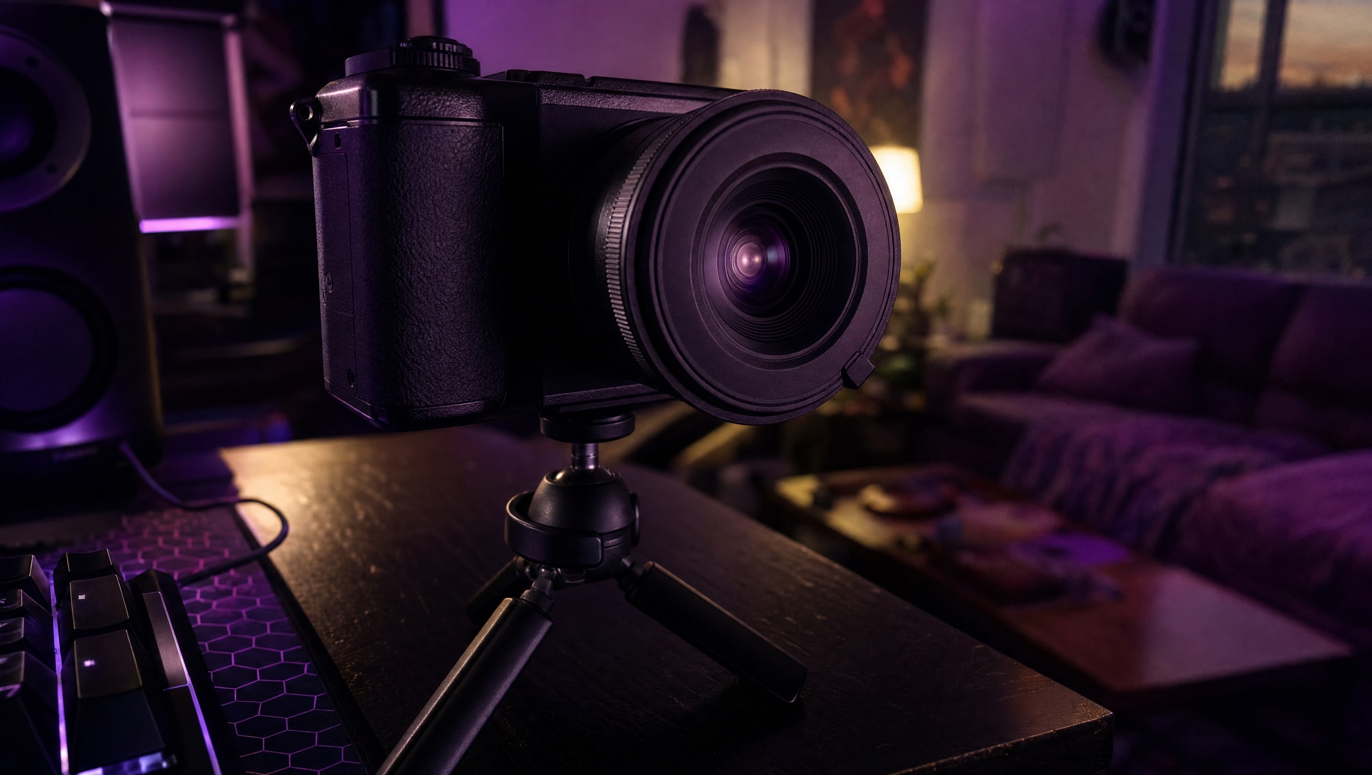 A compact camera on a mini tripod at the edge of a desk, its lens barrel filling the frame.