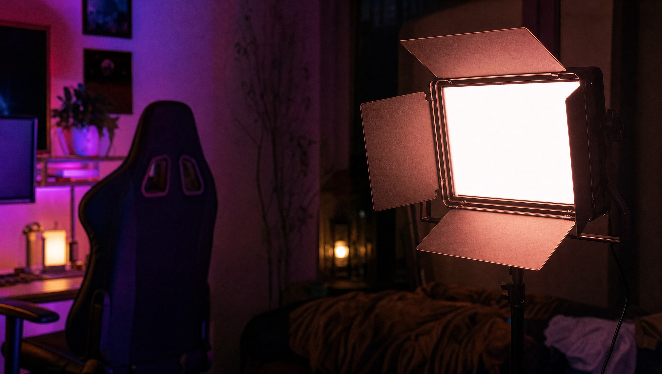A rectangular LED panel light on a stand, its diffuser glowing evenly and filling the frame.