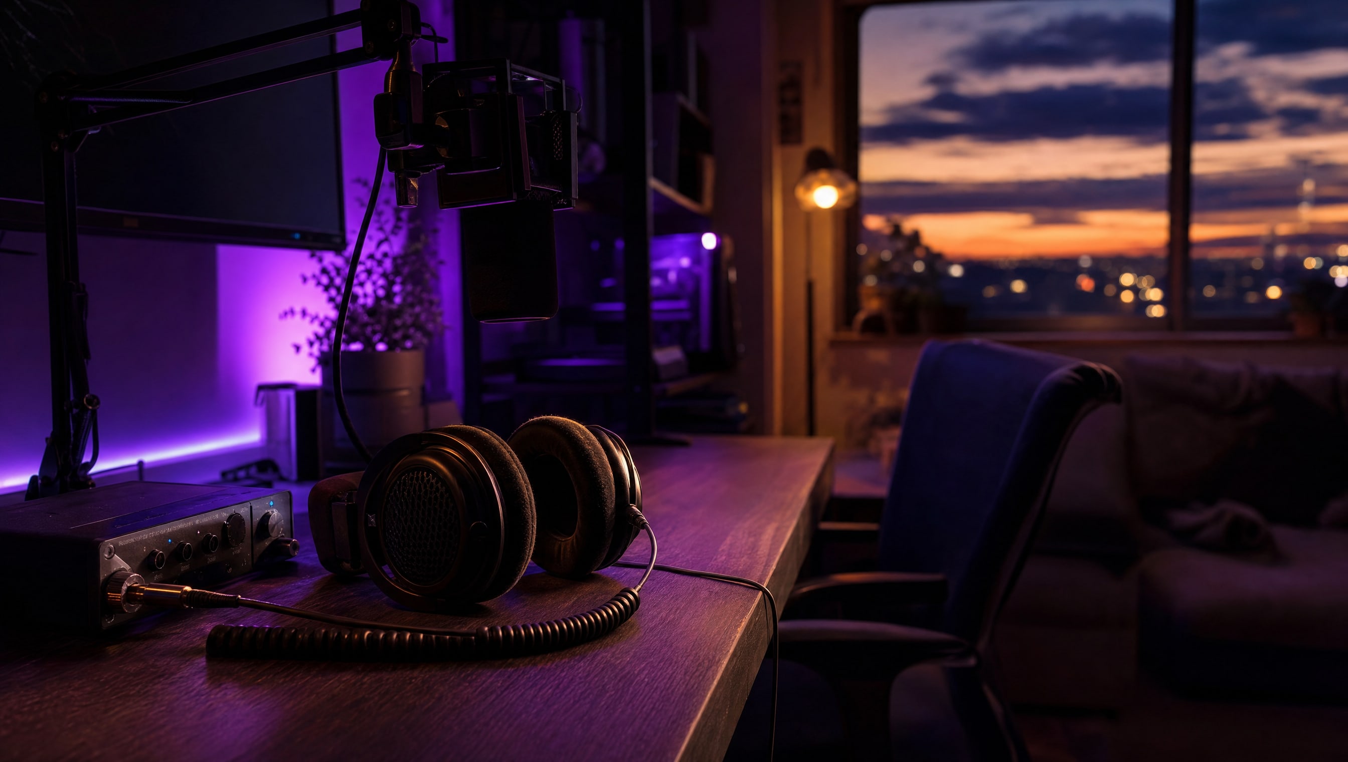 A wide desk-left scene at night: headphones, mic arm, an audio interface and a coiled cable.