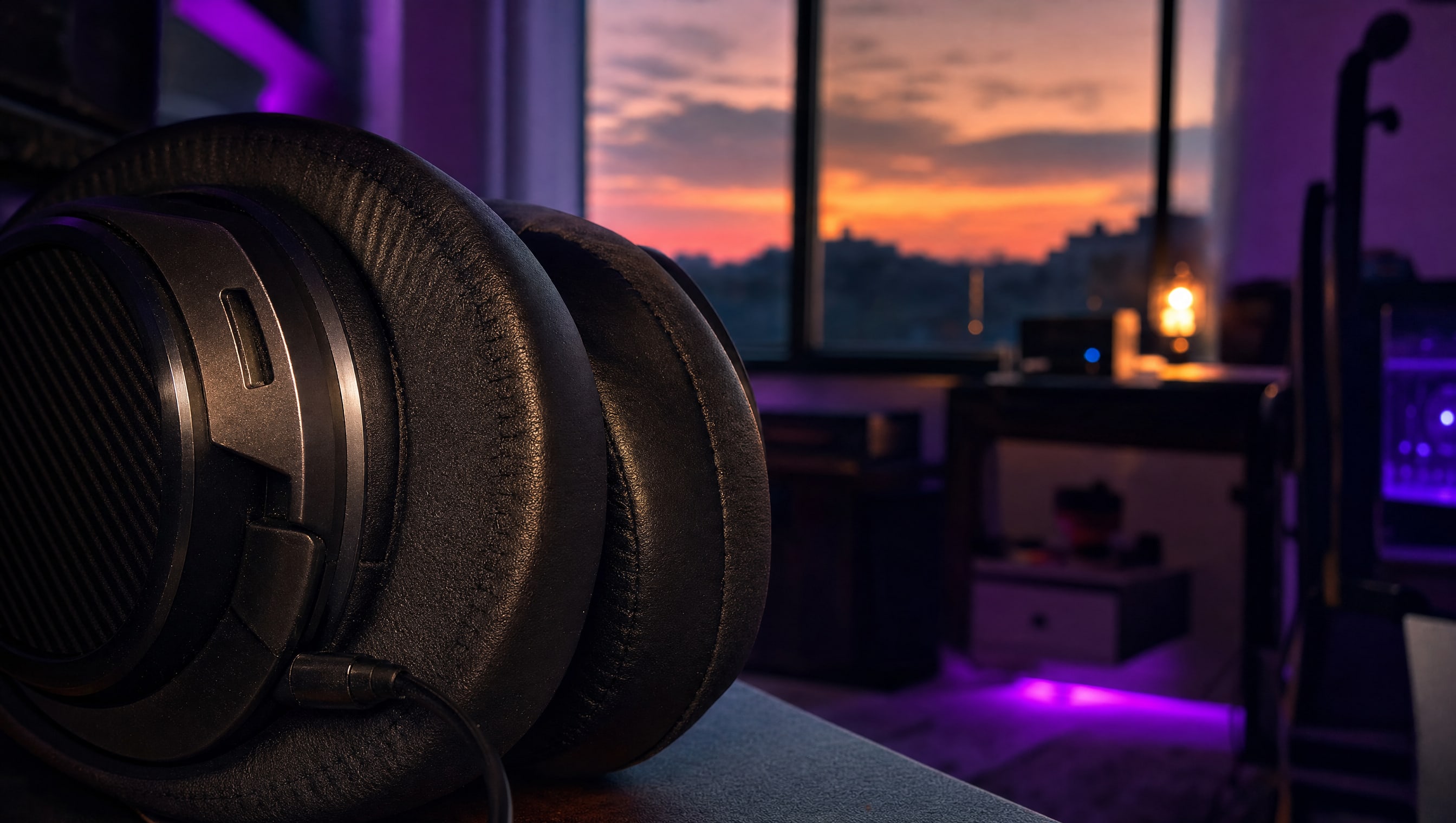 Macro on a headphone earcup, the pad compressed where it rests, stitching and foam sharp.