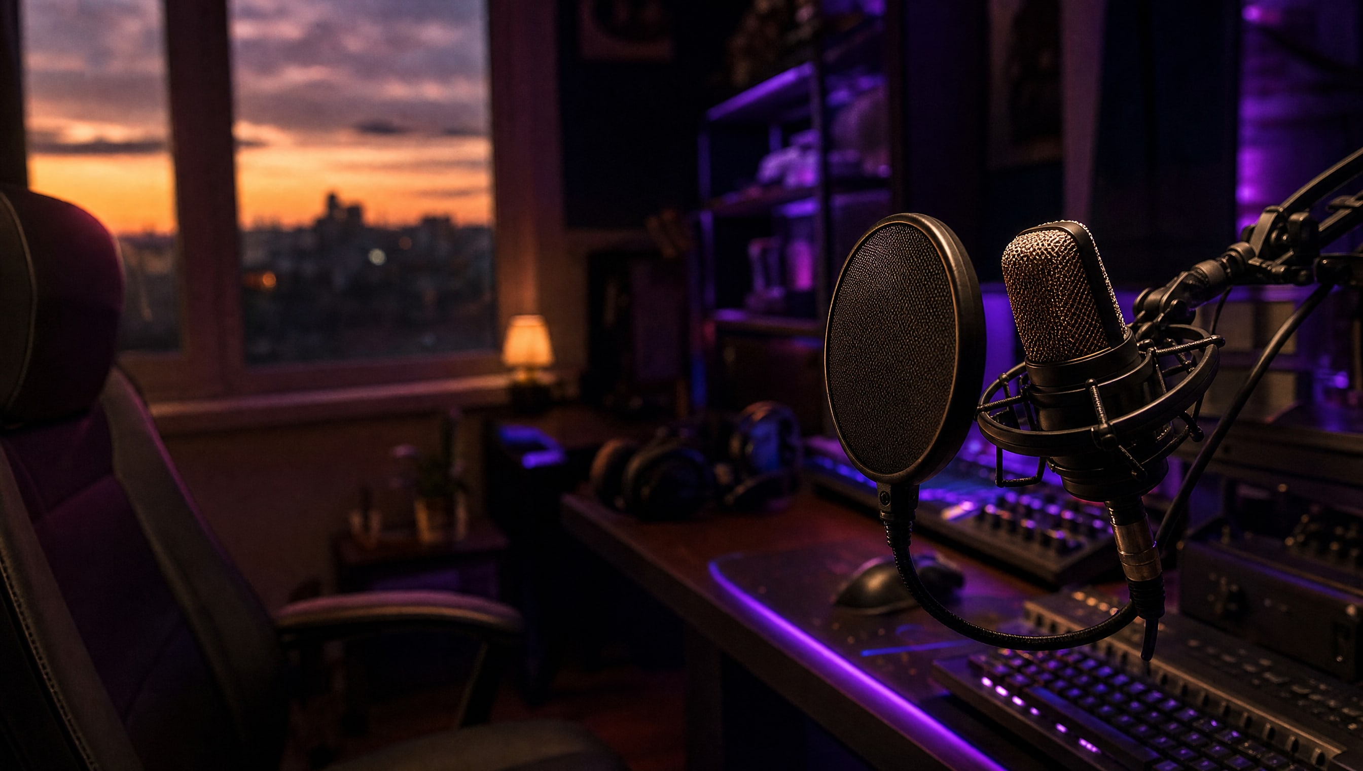 A large-diaphragm microphone in a shock mount on a boom arm, a pop filter in front.