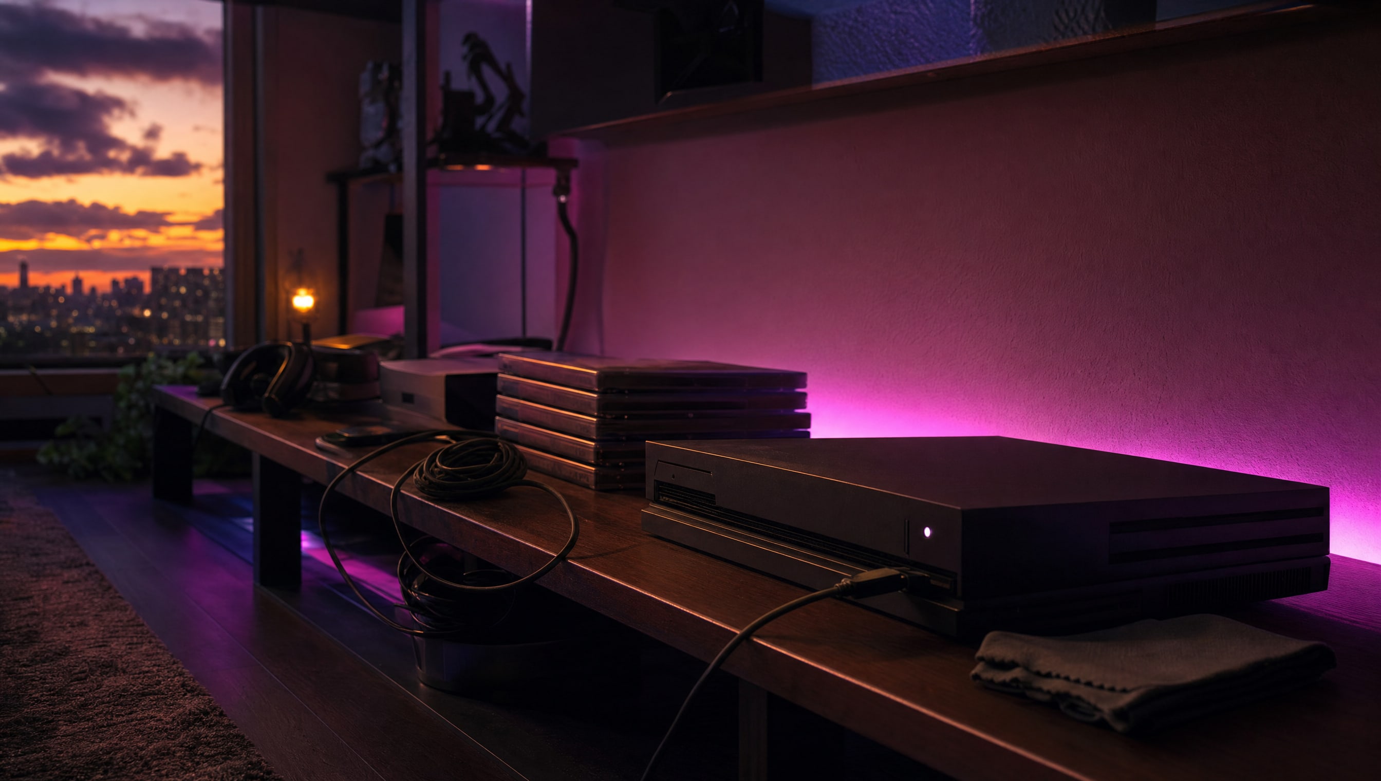 A wide shelf scene at night: consoles, slim cases, coiled cables and a dust cloth.