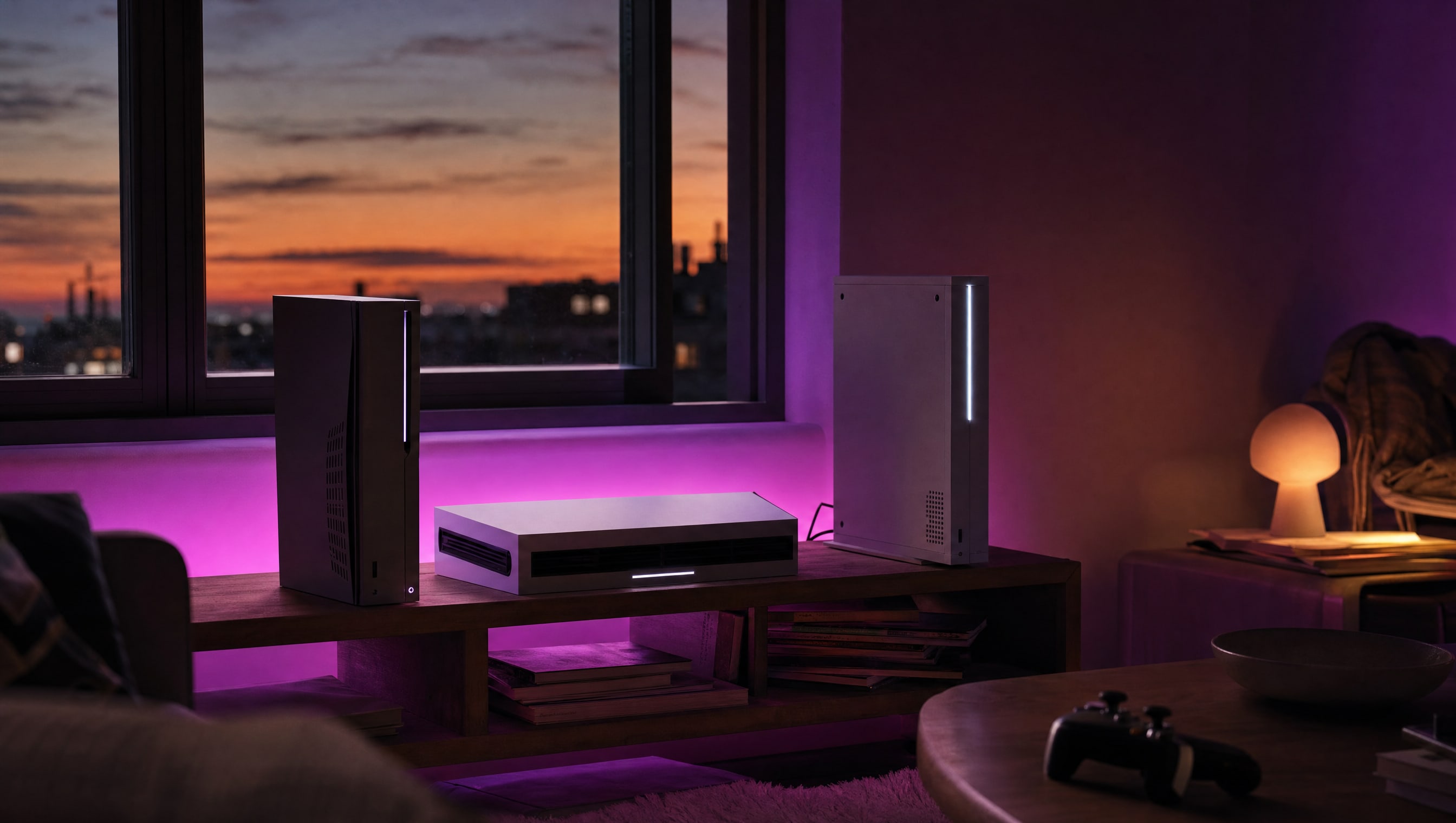 A low media shelf beneath a dusk window holding matte console boxes, cables dropping behind.