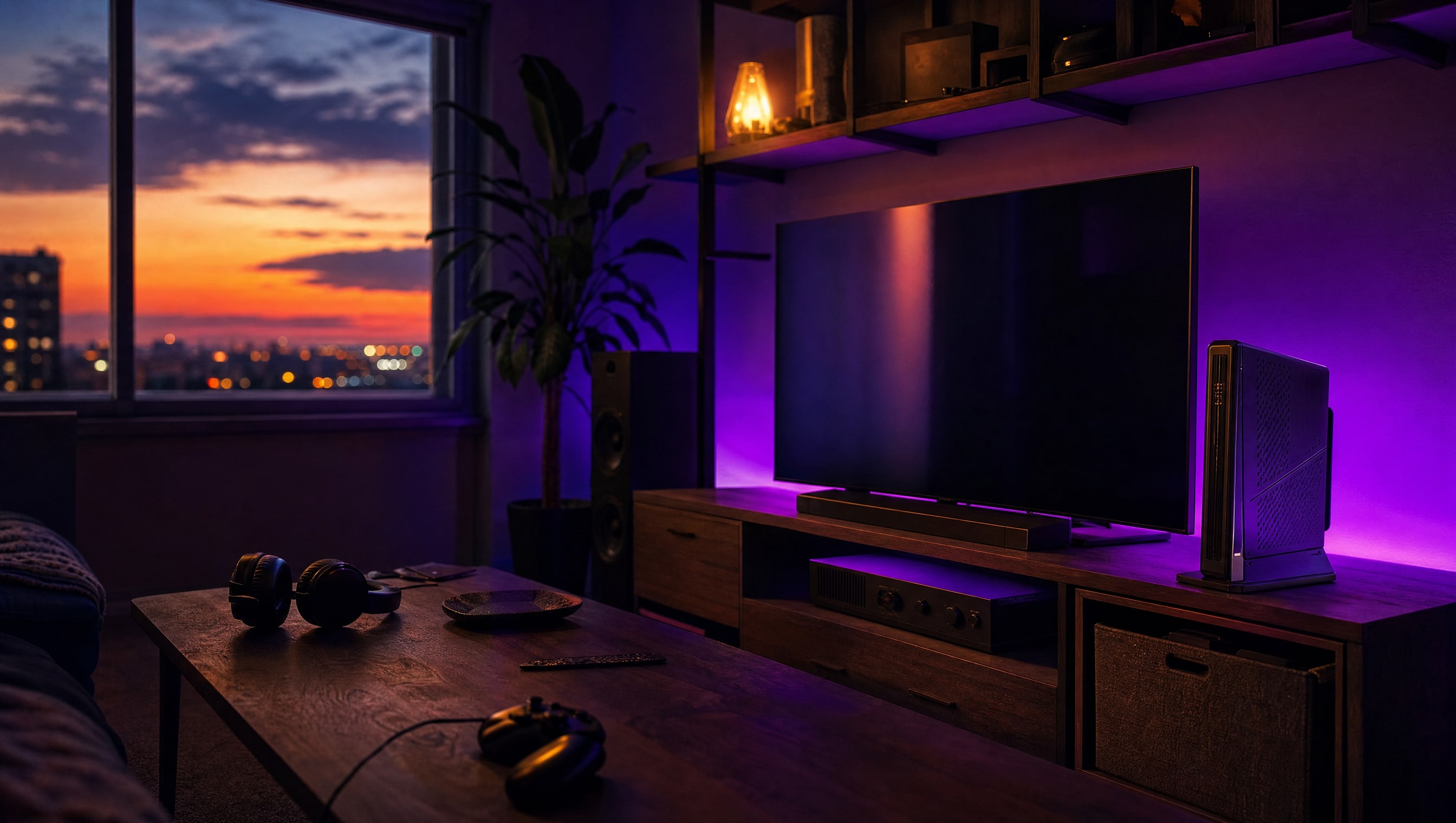 A console standing vertically on a shelf, its ventilation grille catching violet rim light.