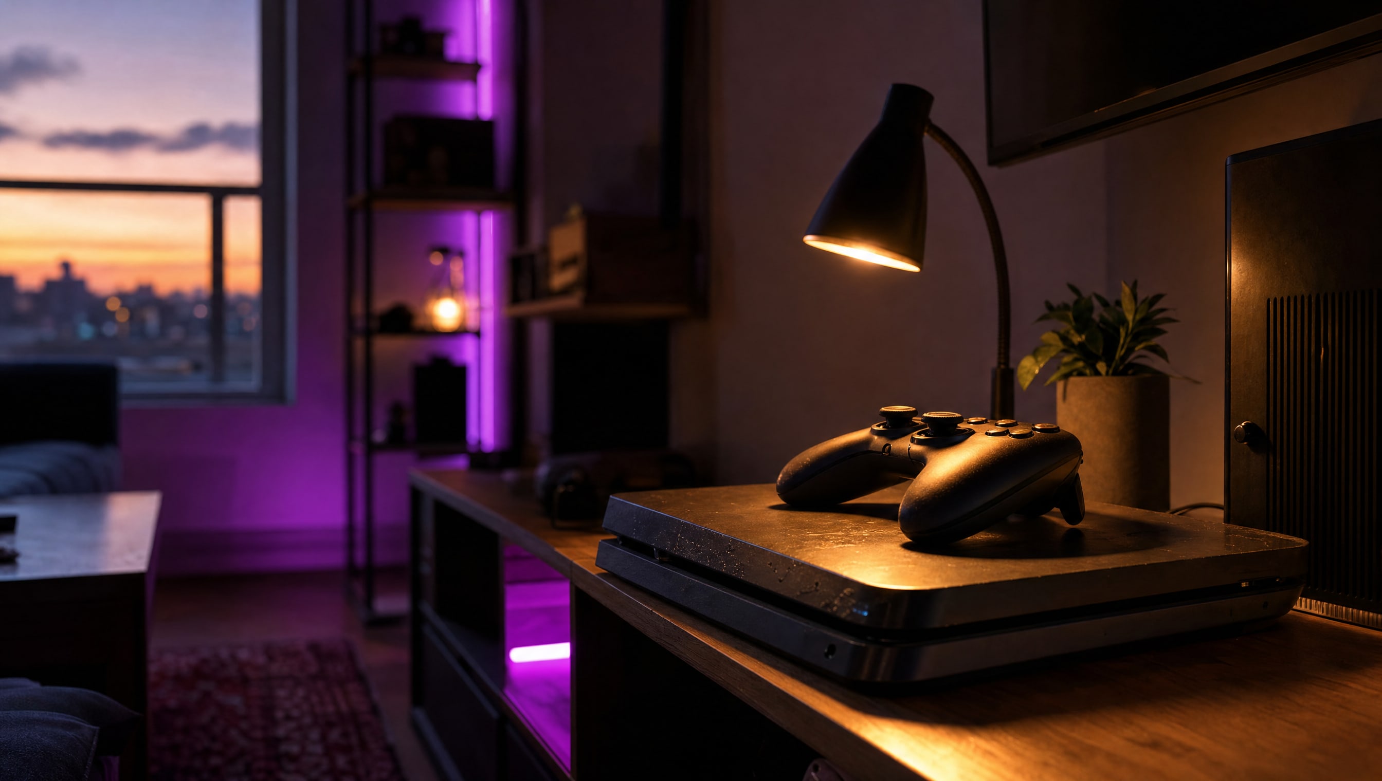 A flat console lying horizontally with a controller resting on top of it.