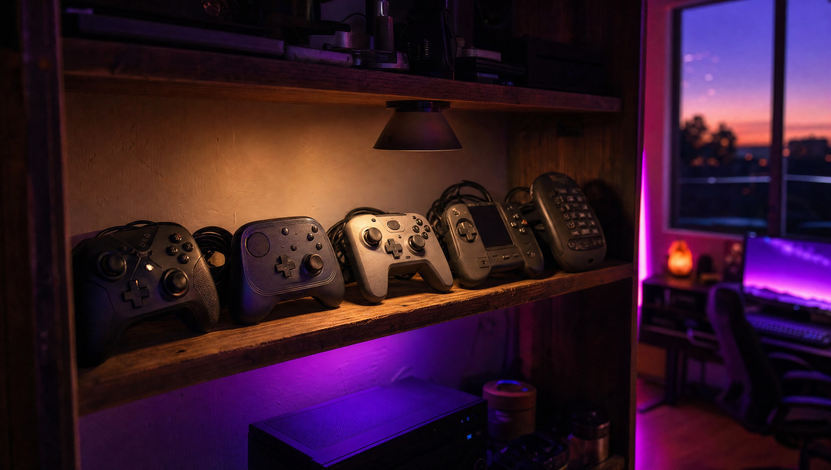A controller held upright against a dark ground, seen from the back.