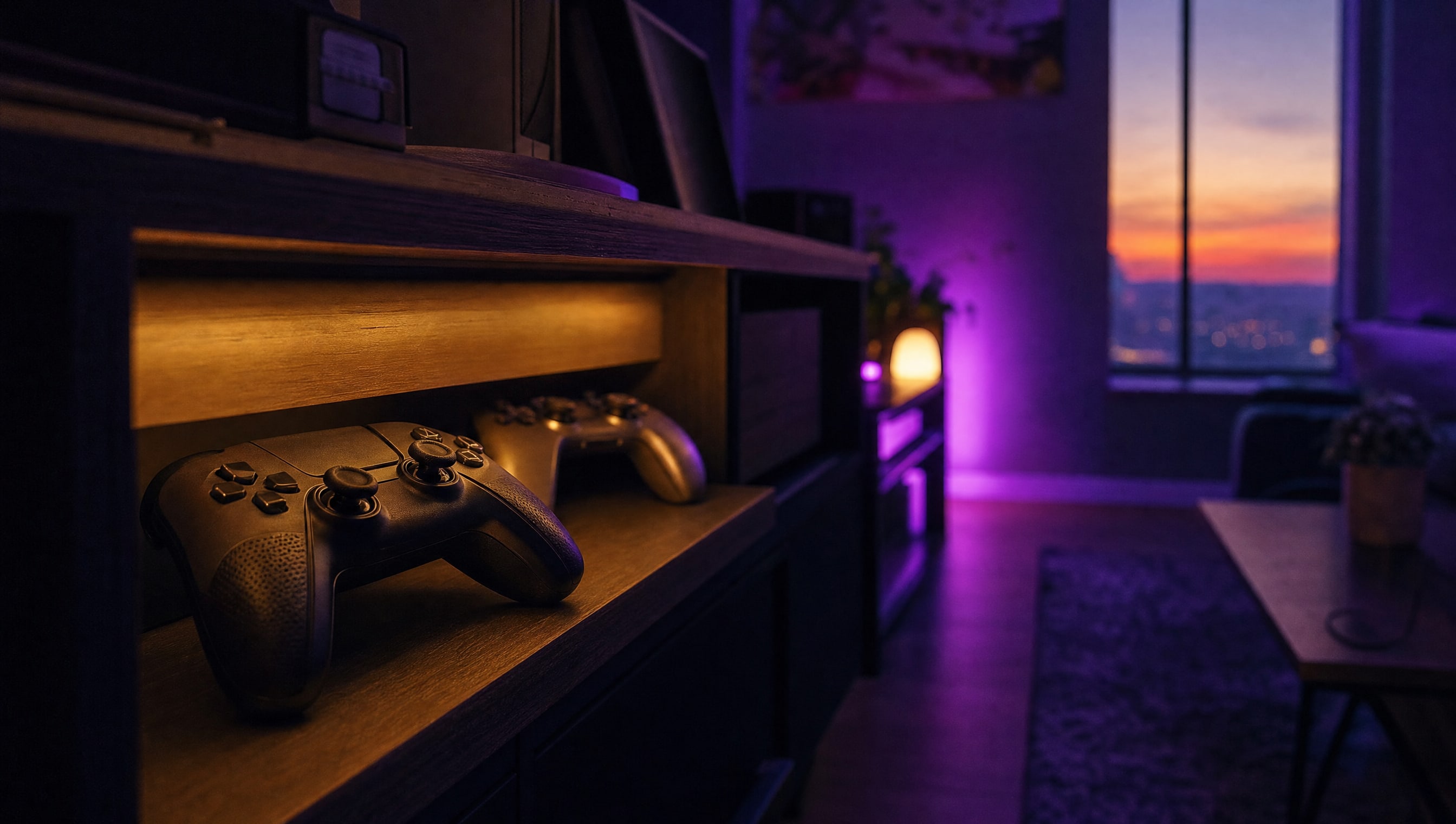 A game controller resting on a low shelf under warm light, other controllers behind it.