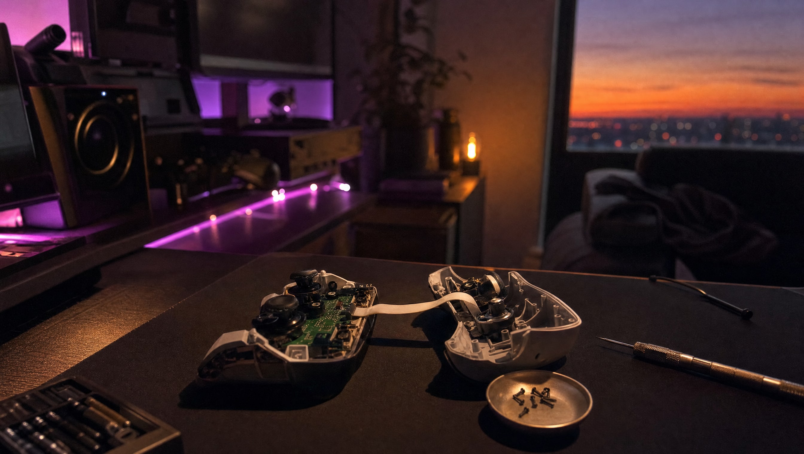 A controller opened face-down on a mat, its shell in two halves, screws in a dish.