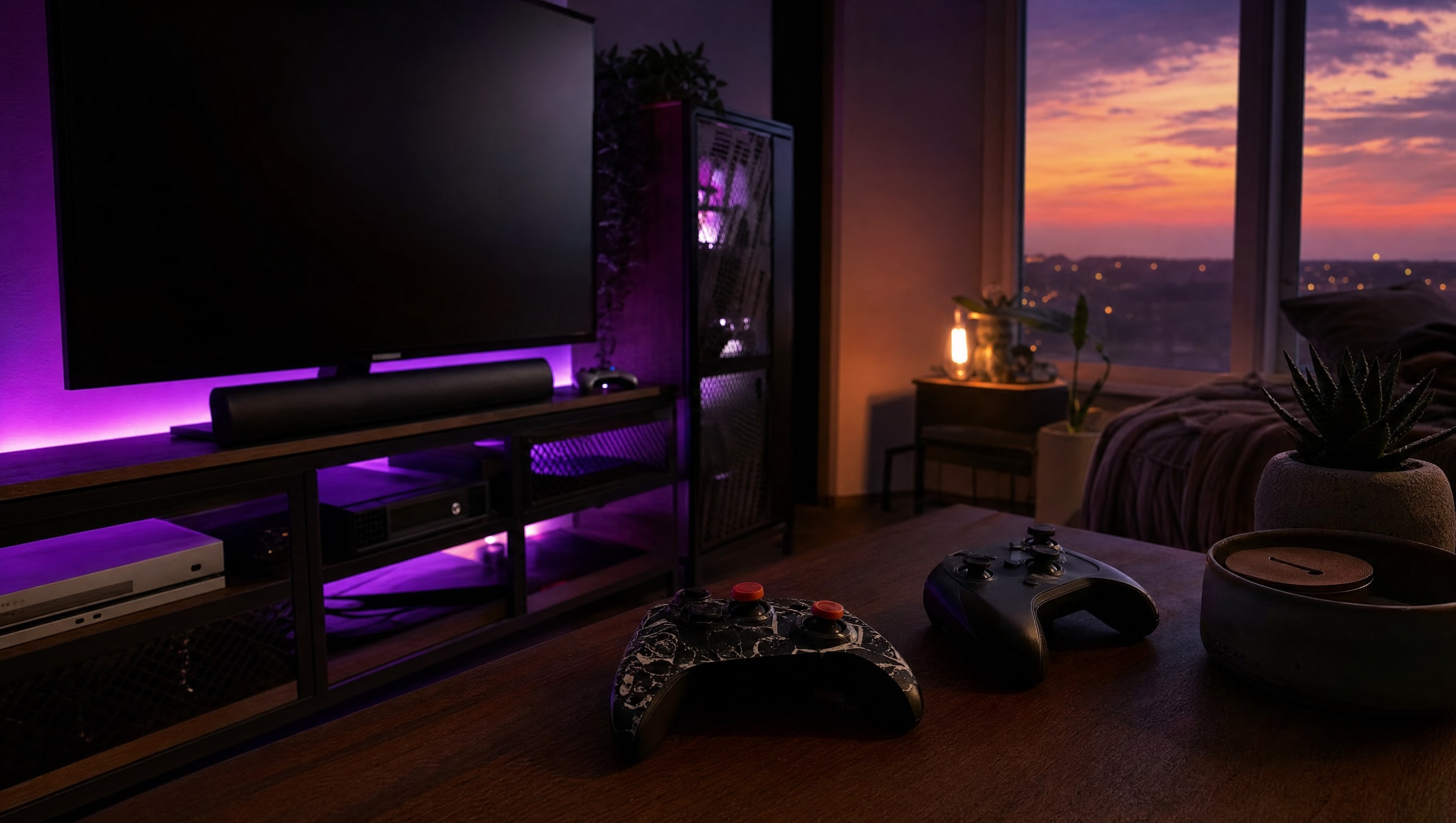 A controller with an aftermarket faceplate and coloured thumbstick caps beside a plain one.