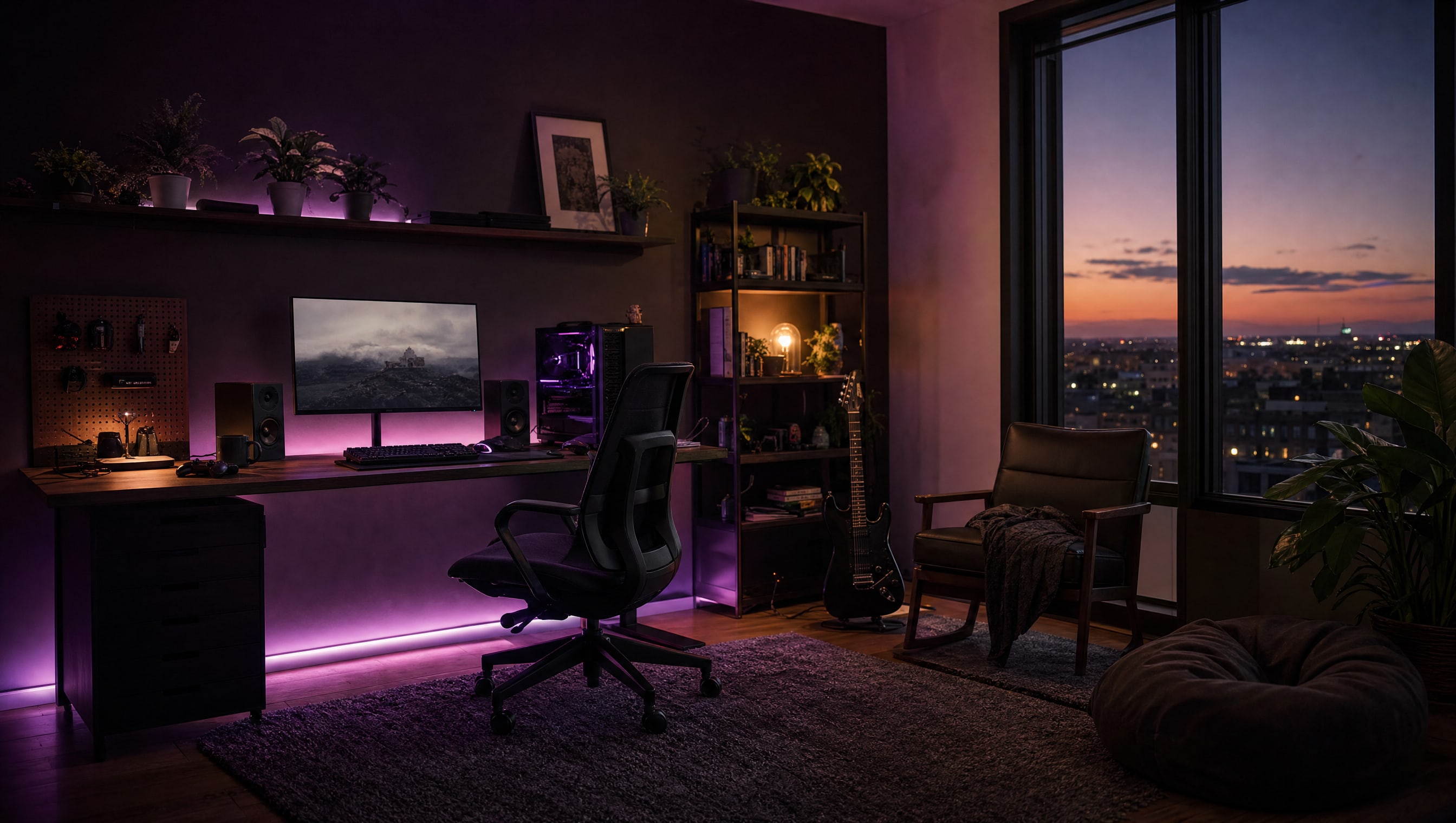 A wide room scene at night: desk, chair, rug and a floor lamp, the whole working corner.