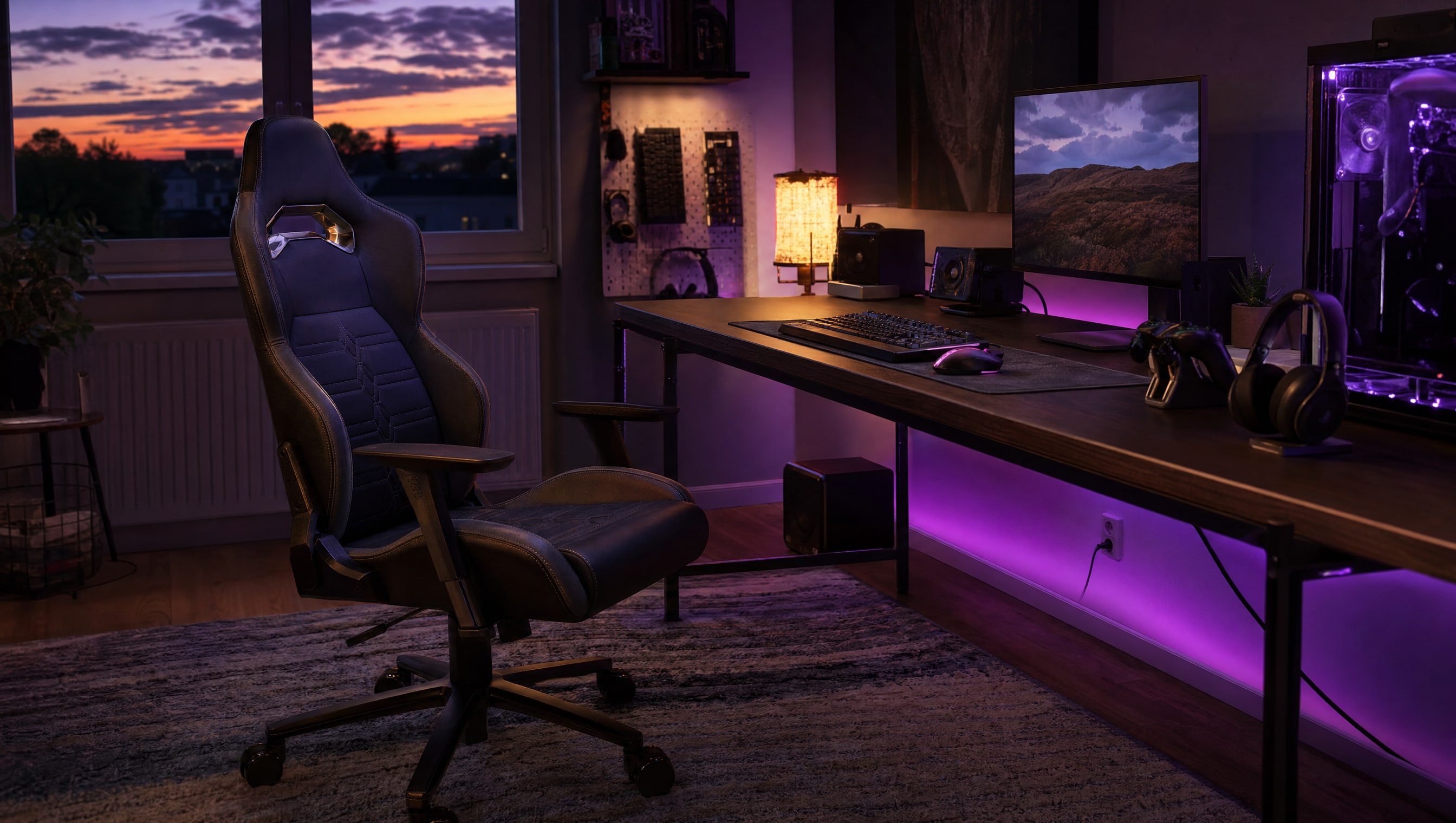 A high-backed gaming chair pulled slightly away from a dark wood desk, bolsters lit from the side.