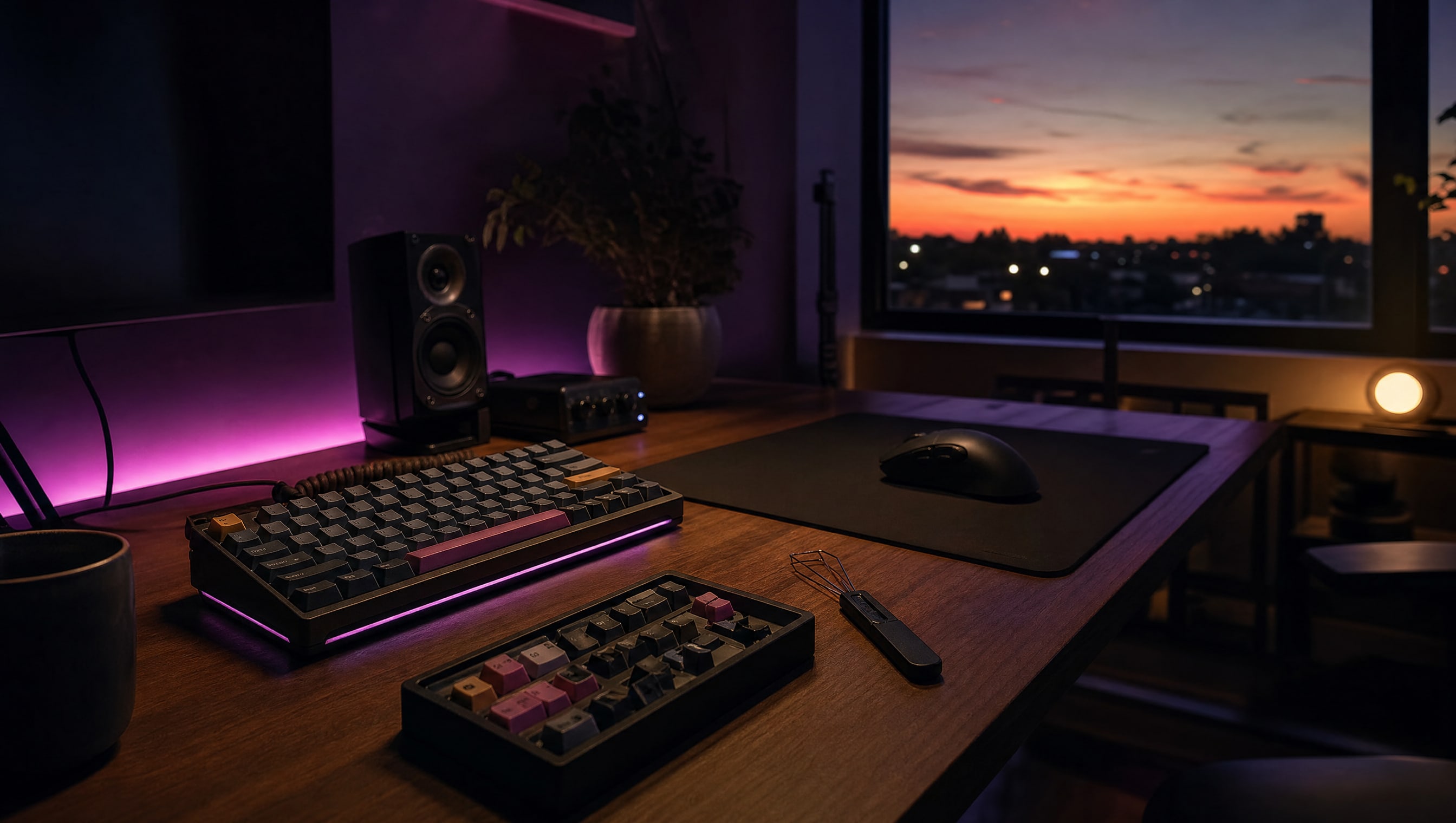 A wide desk at night: keyboard, mouse, pad, a tray of spare keycaps and a puller.
