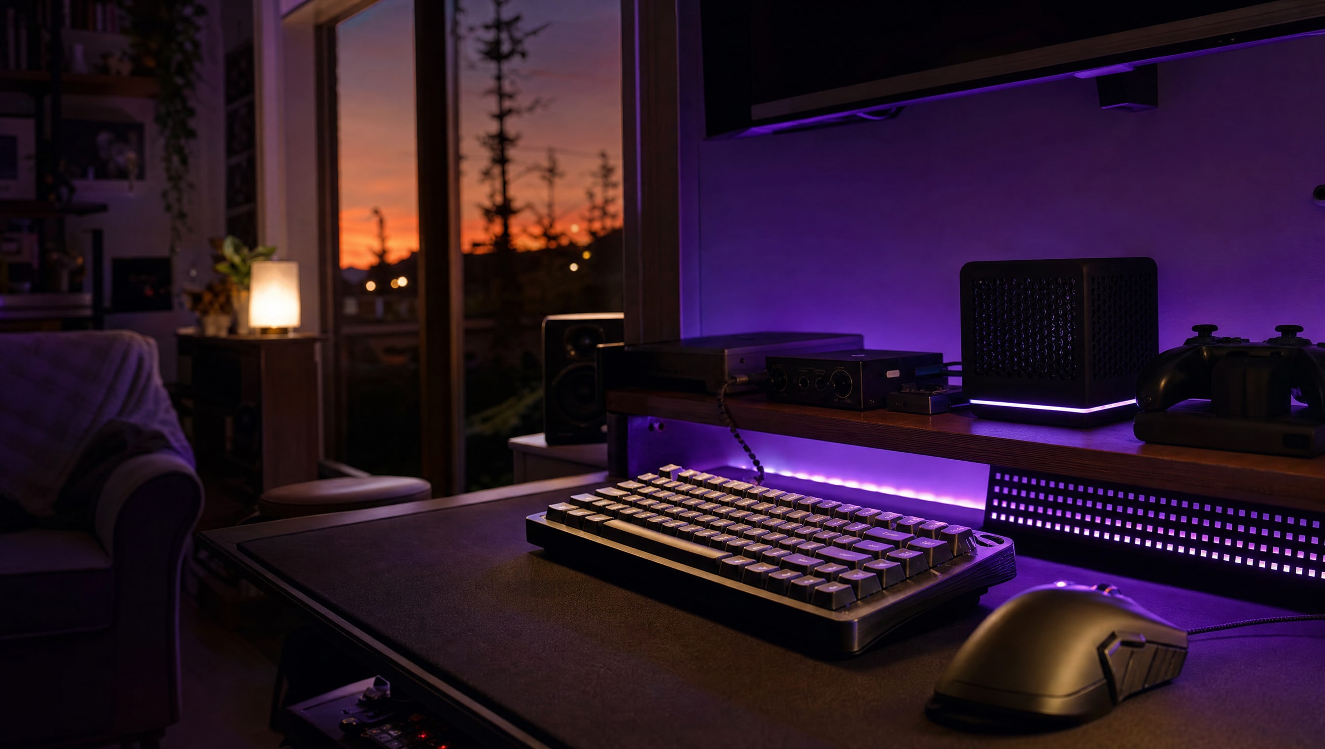 A mechanical keyboard on a dark desk mat lit from behind by a violet strip, a mouse beside it.