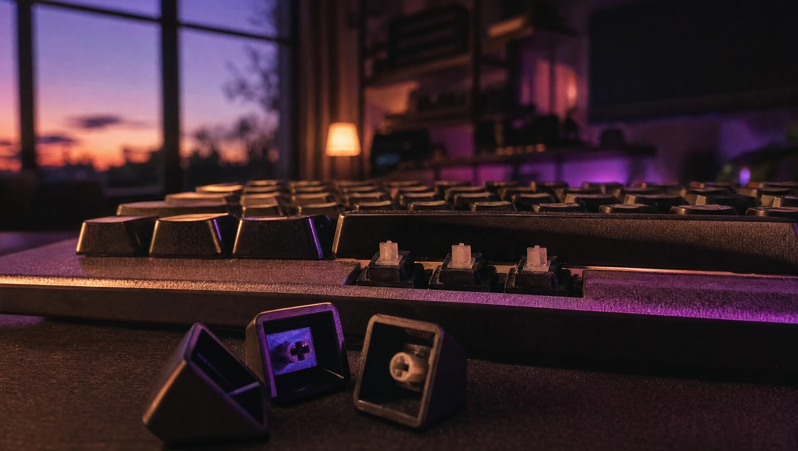 Macro on three keycaps pulled off a board, the bare switch stems standing exposed.