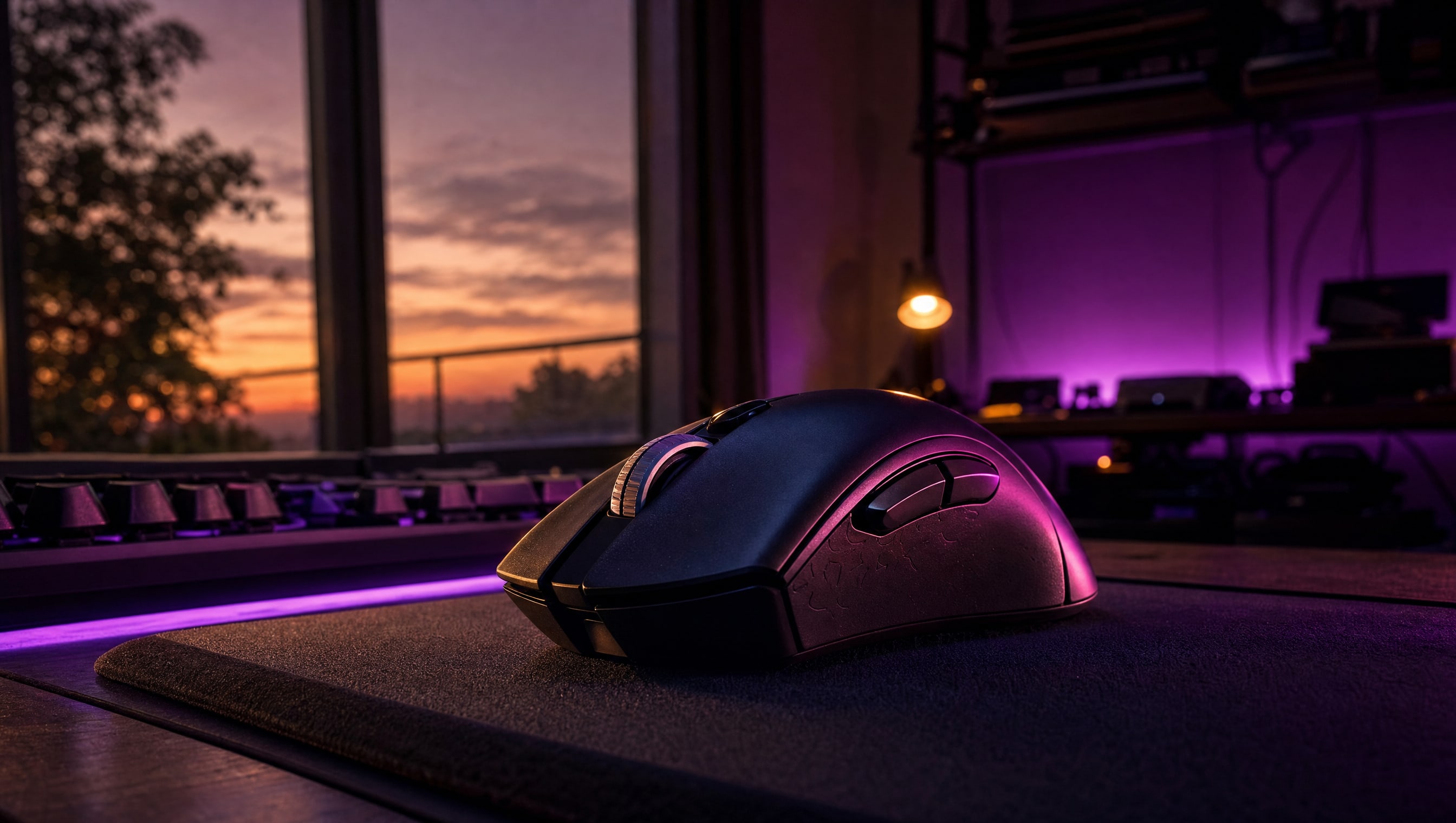 A gaming mouse seen from a low front angle on a cloth pad.