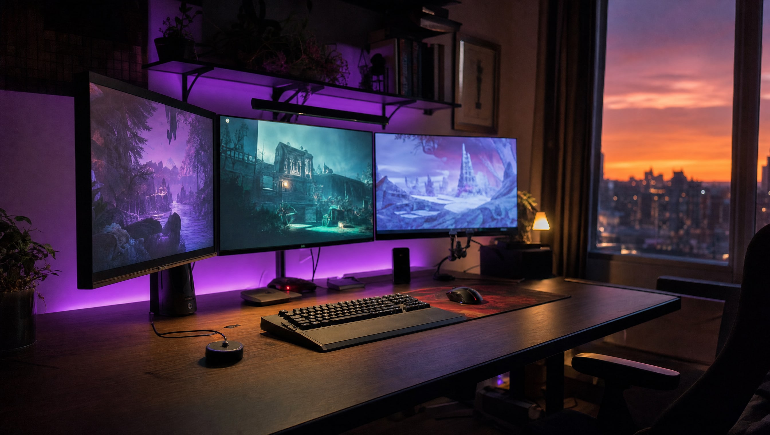 A wide desk at night: three monitors on arms, a calibration puck resting on the desk.