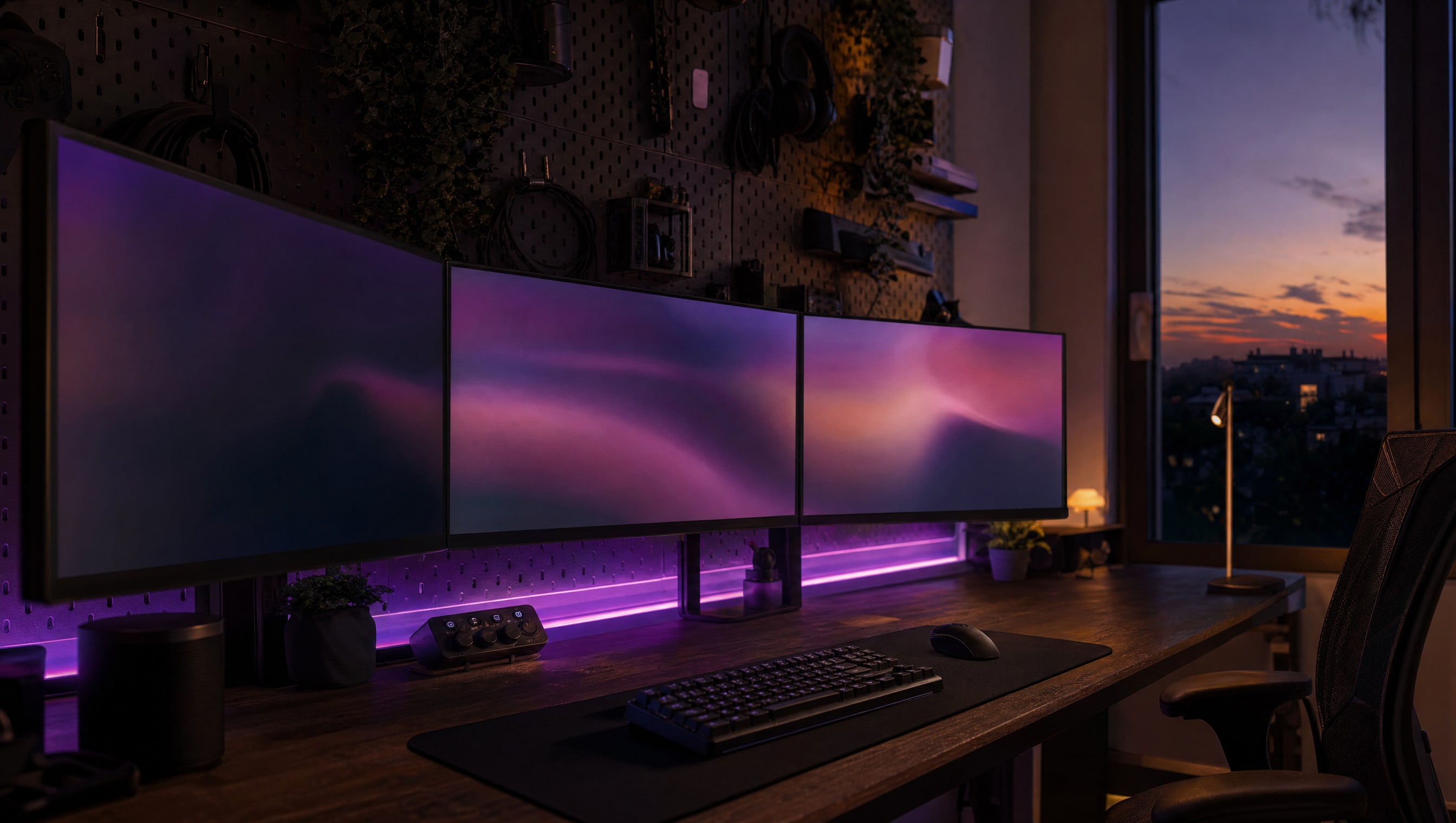 Three wide monitors in a row on a dark wood desk at dusk, bezels catching violet rim light.