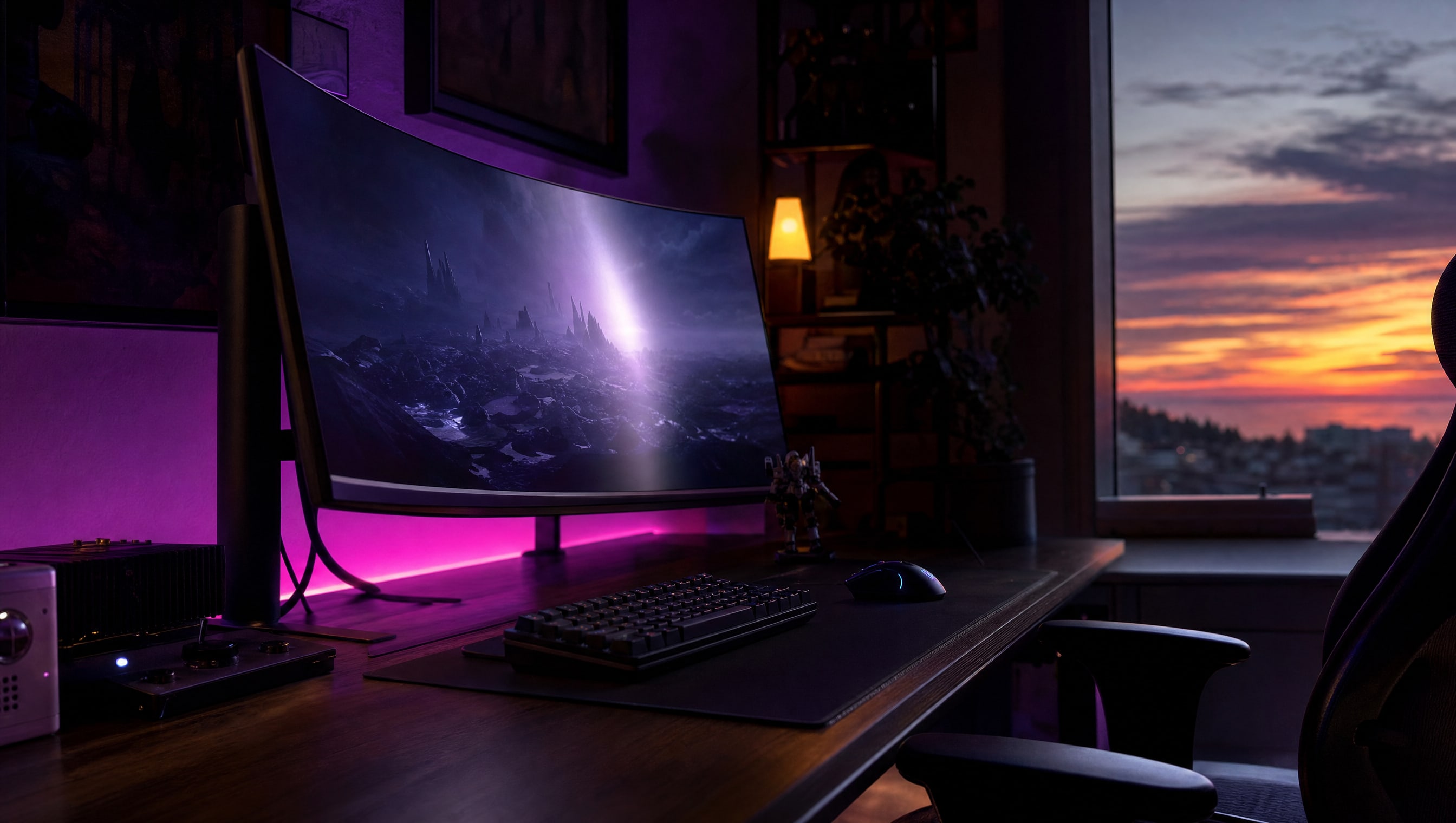 A single curved monitor seen at a low three-quarter angle, a long highlight down its face.