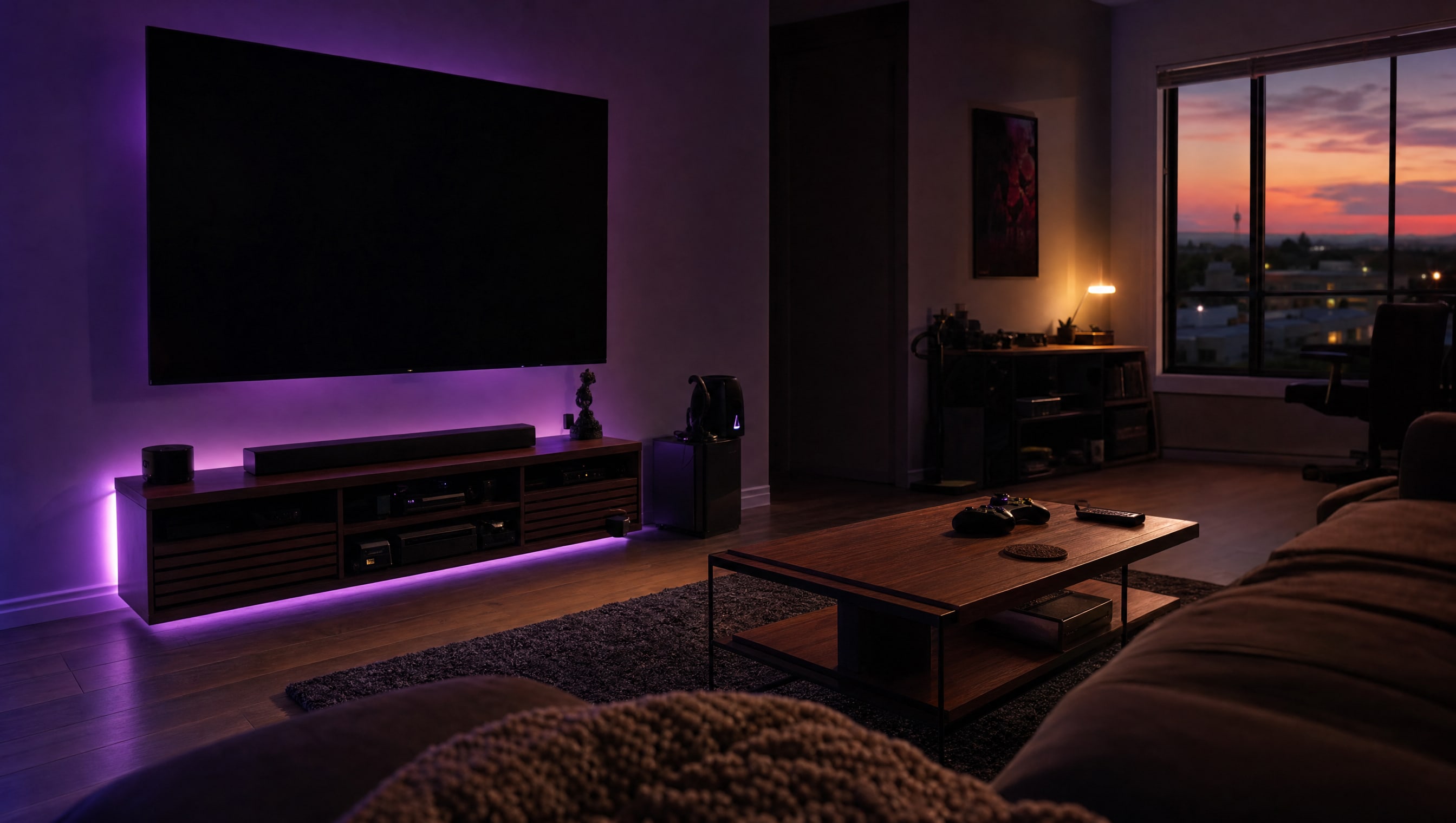 A large flat television on a wall across a dim room, seen from a low seated viewpoint.
