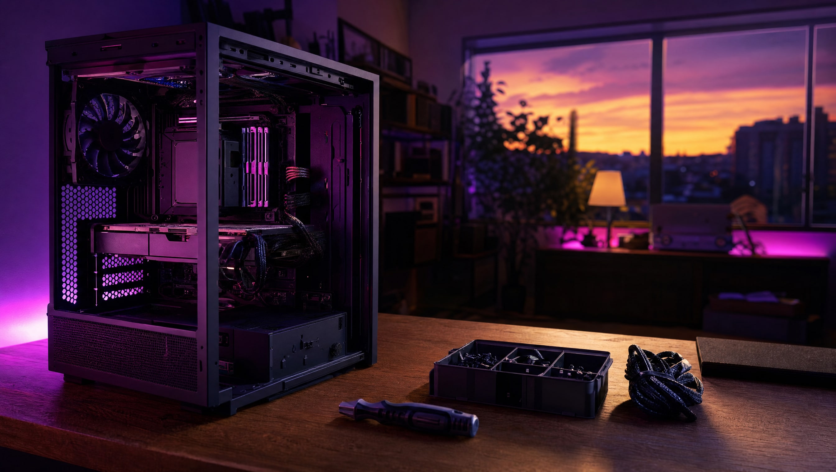 A wide desk at night: an open tower, a parts tray, a screwdriver and a coil of cable.