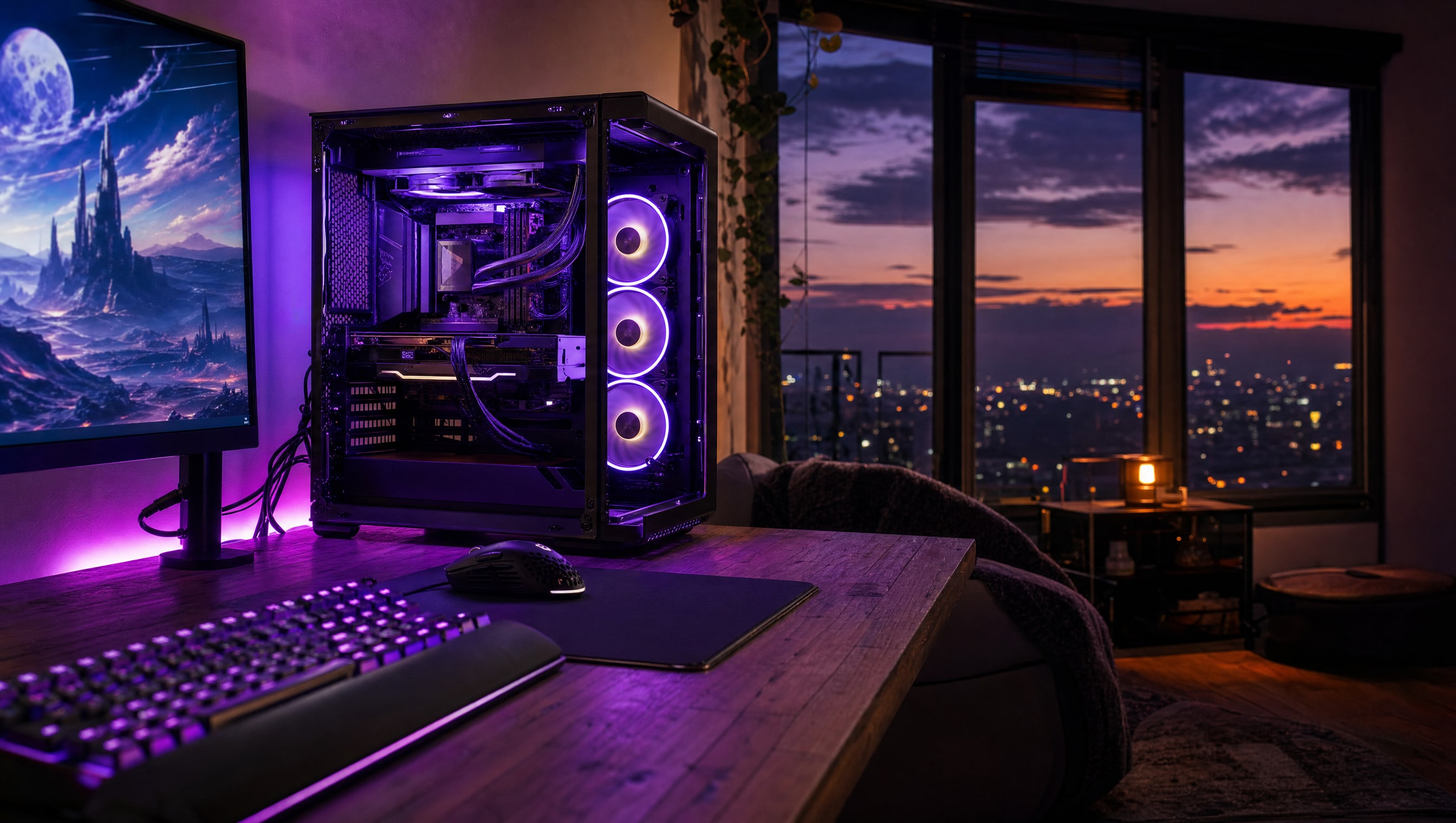 A tempered-glass PC tower on a desk at dusk with its side panel off, ring-lit fans glowing violet.