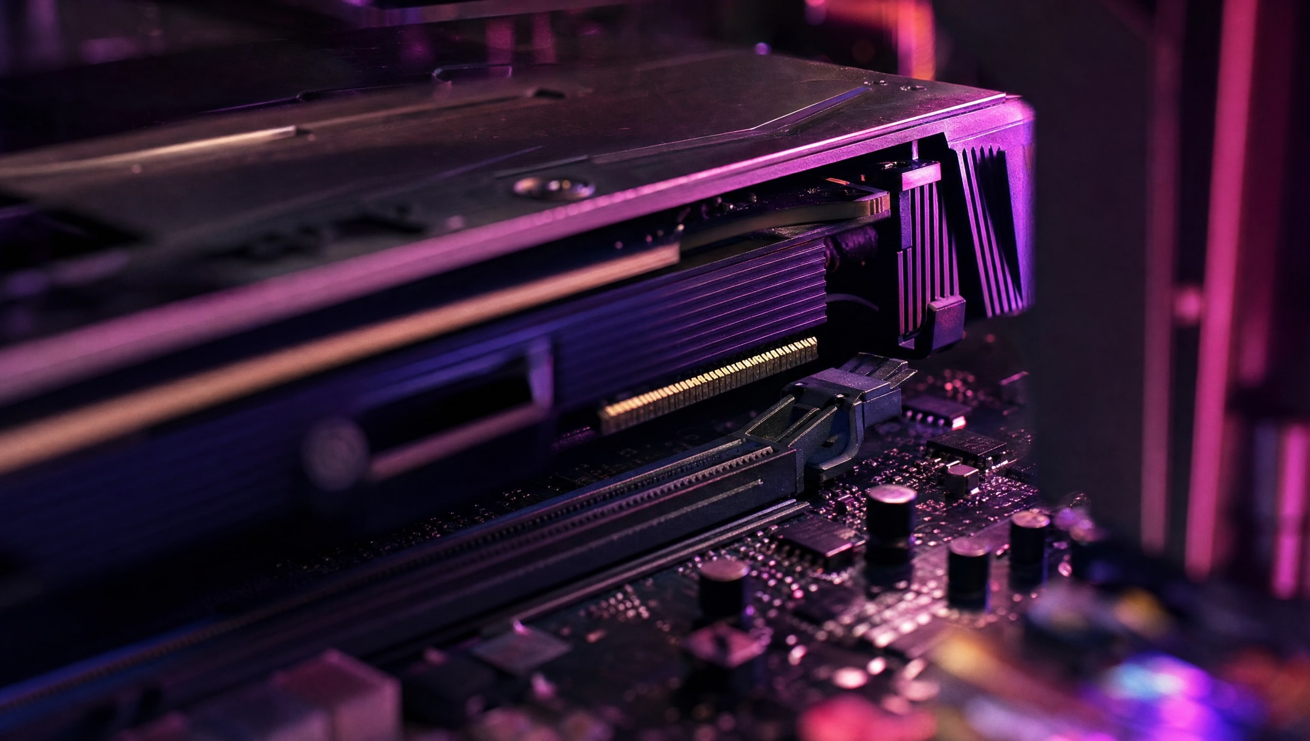A graphics card seated in its slot, the retention clip closed.