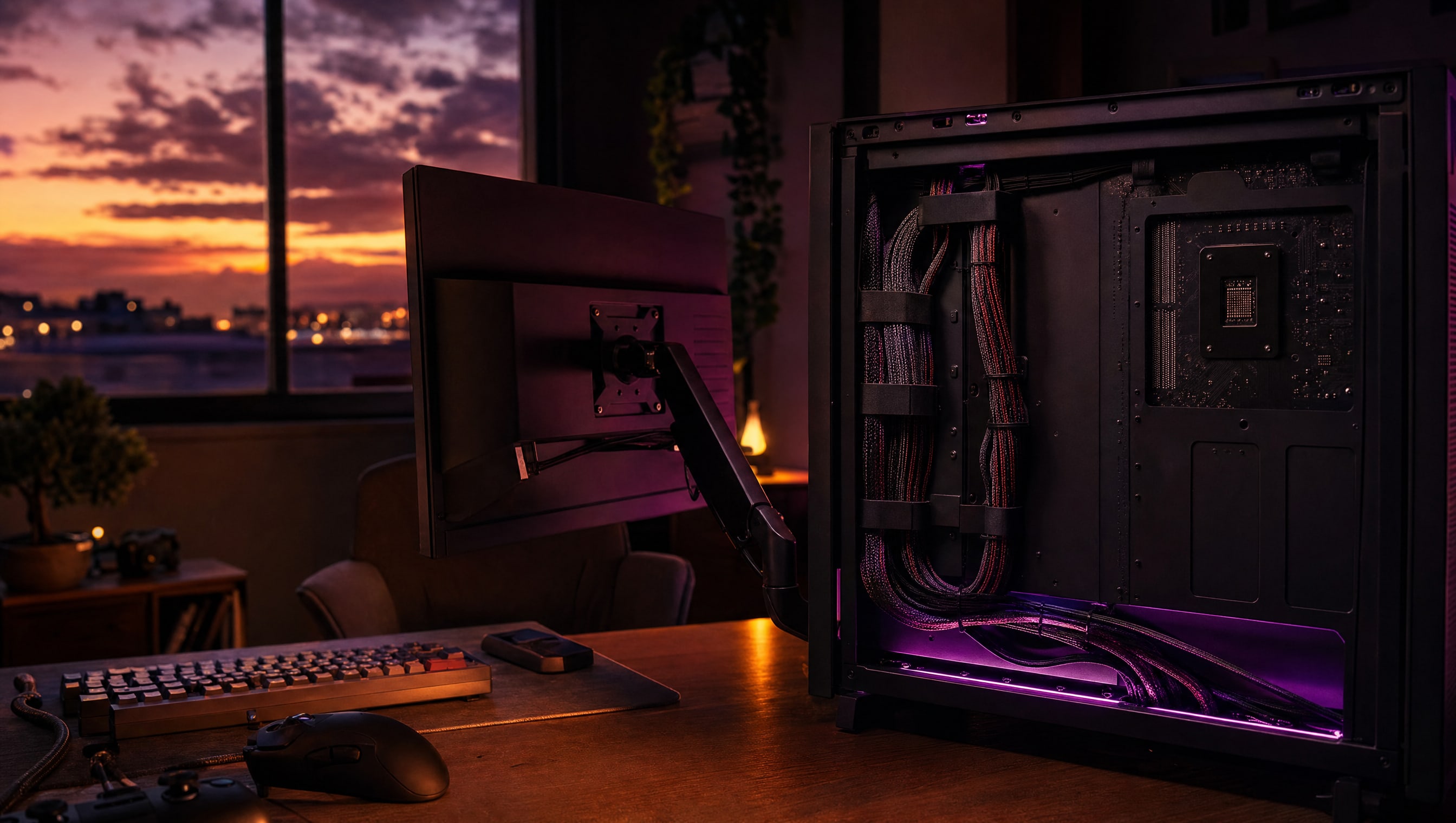 A braided cable bundle routed behind a motherboard tray and cinched with straps.
