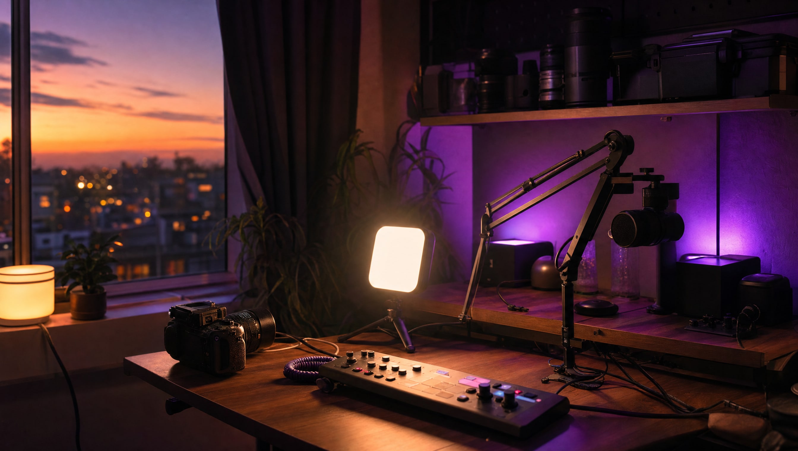 A wide desk-corner scene at night: camera, panel light, control pad, mic arm and coiled cables.