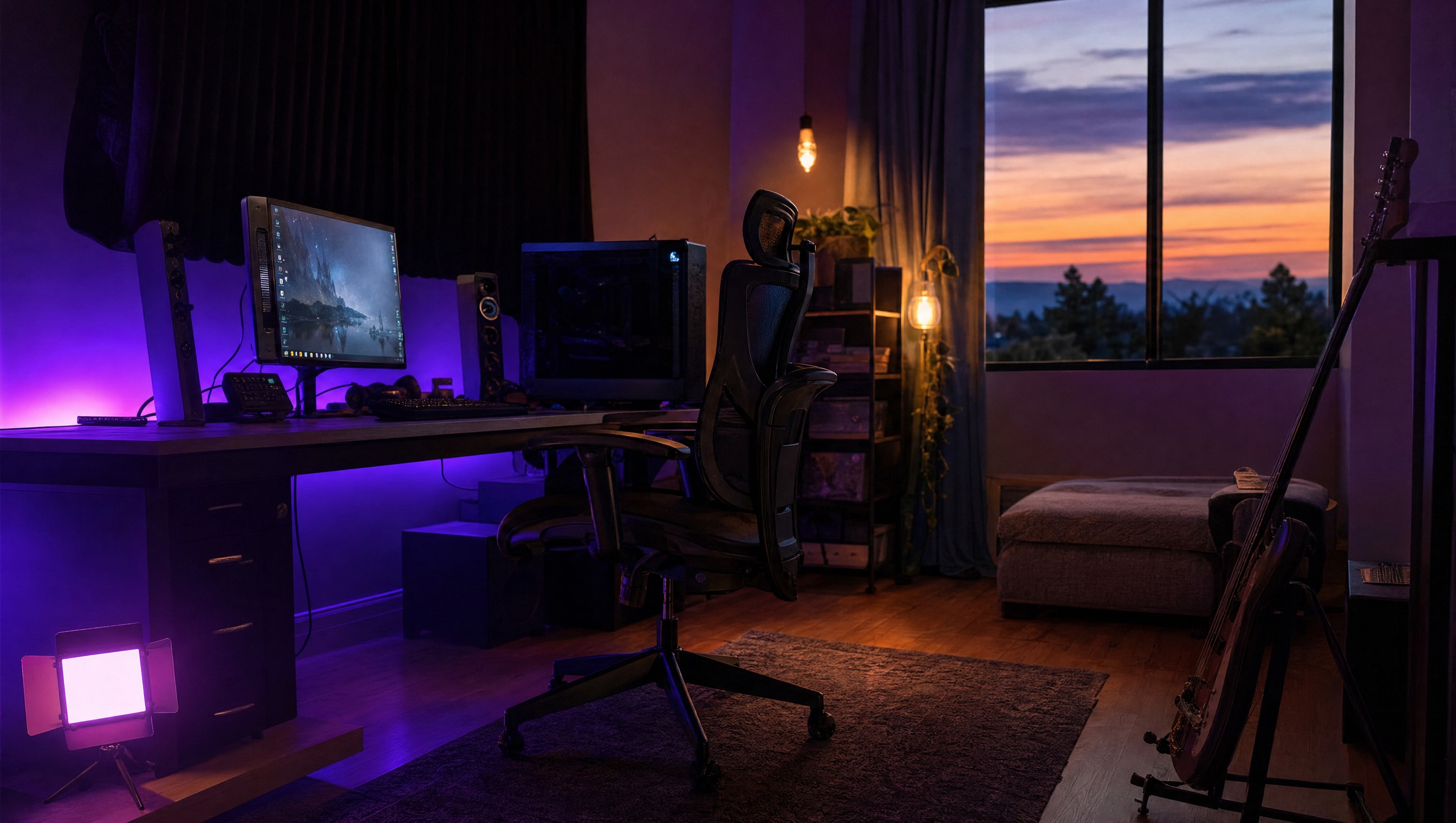 A rectangular LED panel light on a low stand, its diffuser glowing evenly.