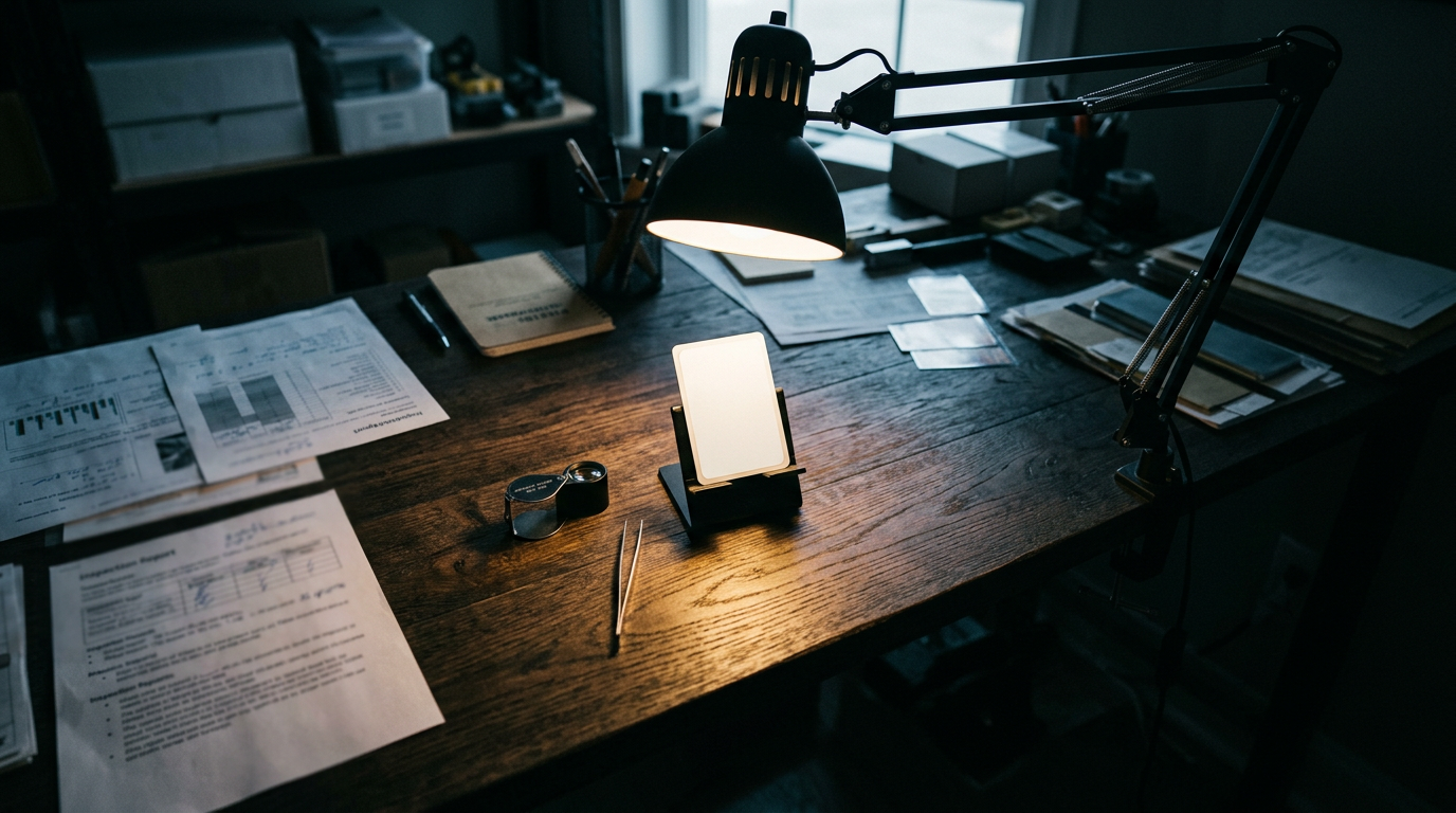 Ian's grading bench: loupe, tweezers, inspection reports under a desk lamp