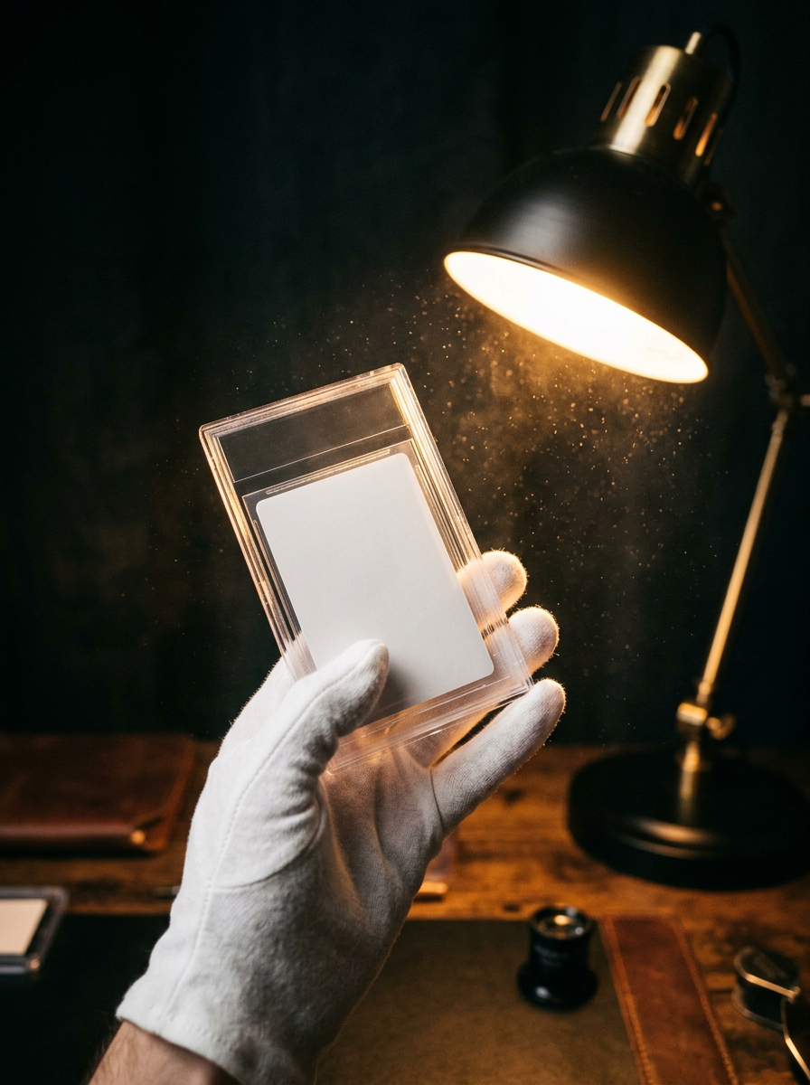 A gloved hand holding a graded slab up to the light for inspection