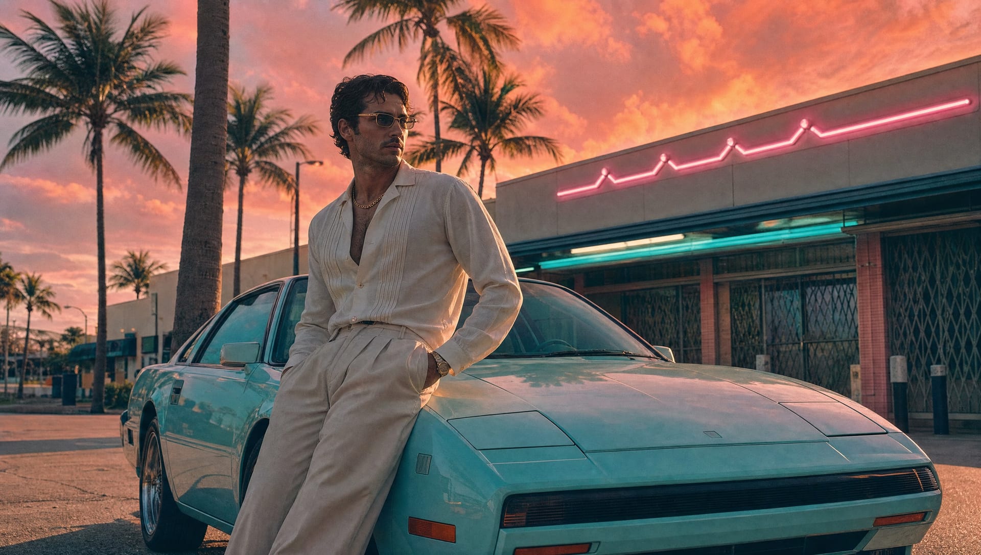 A fashion model in a cream guayabera and gold chain in a Florida strip-mall parking lot at golden hour