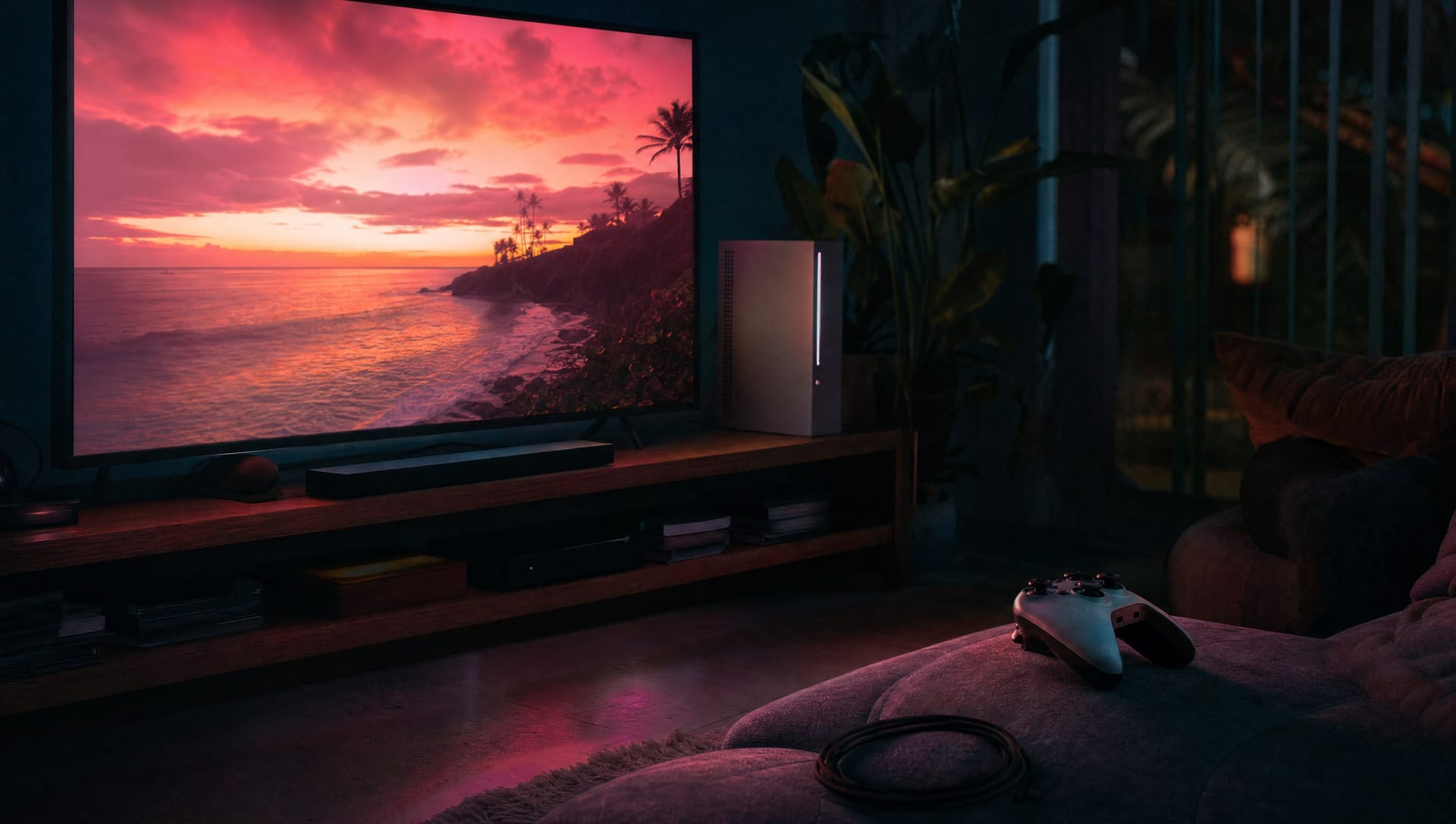 A dark living room lit by a television, a games console on the shelf and a controller on the couch