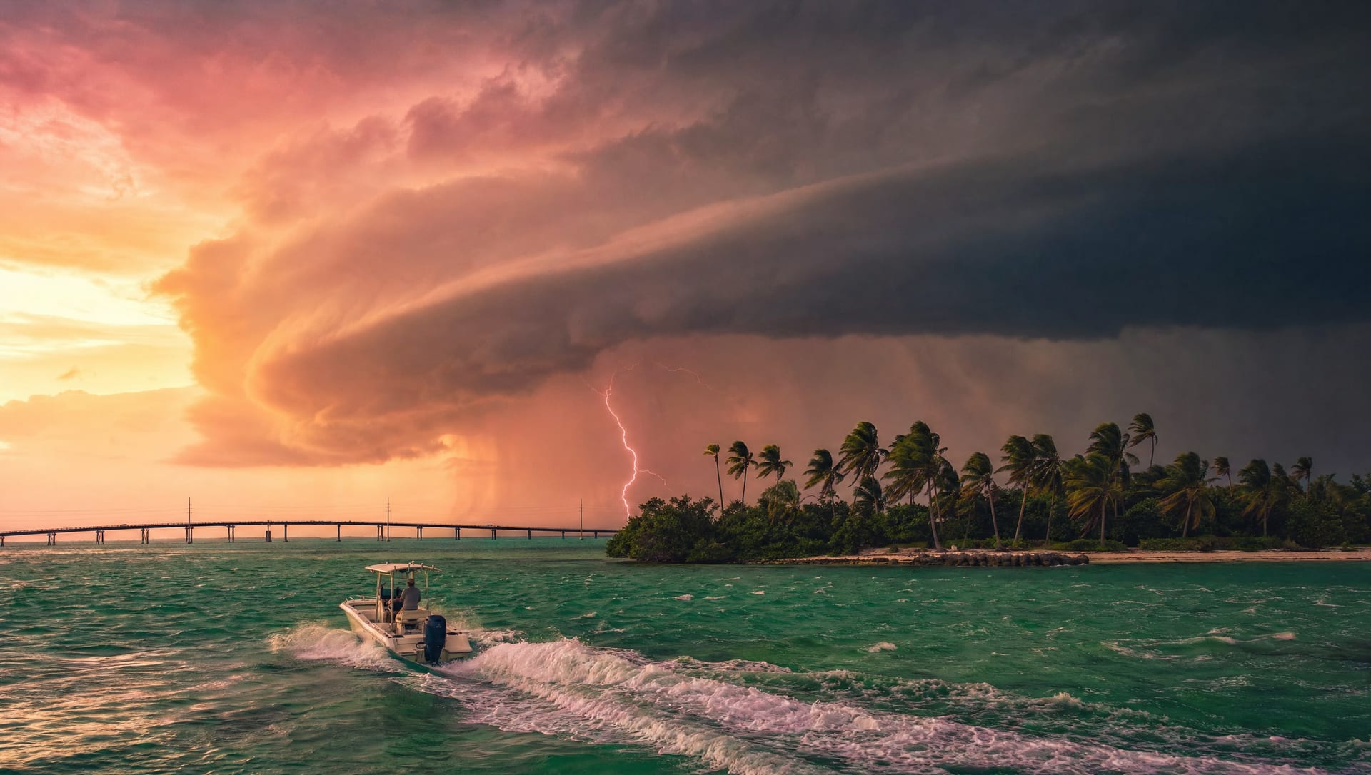 A summer thunderstorm with lightning rolling over the Florida Keys while a boat races home