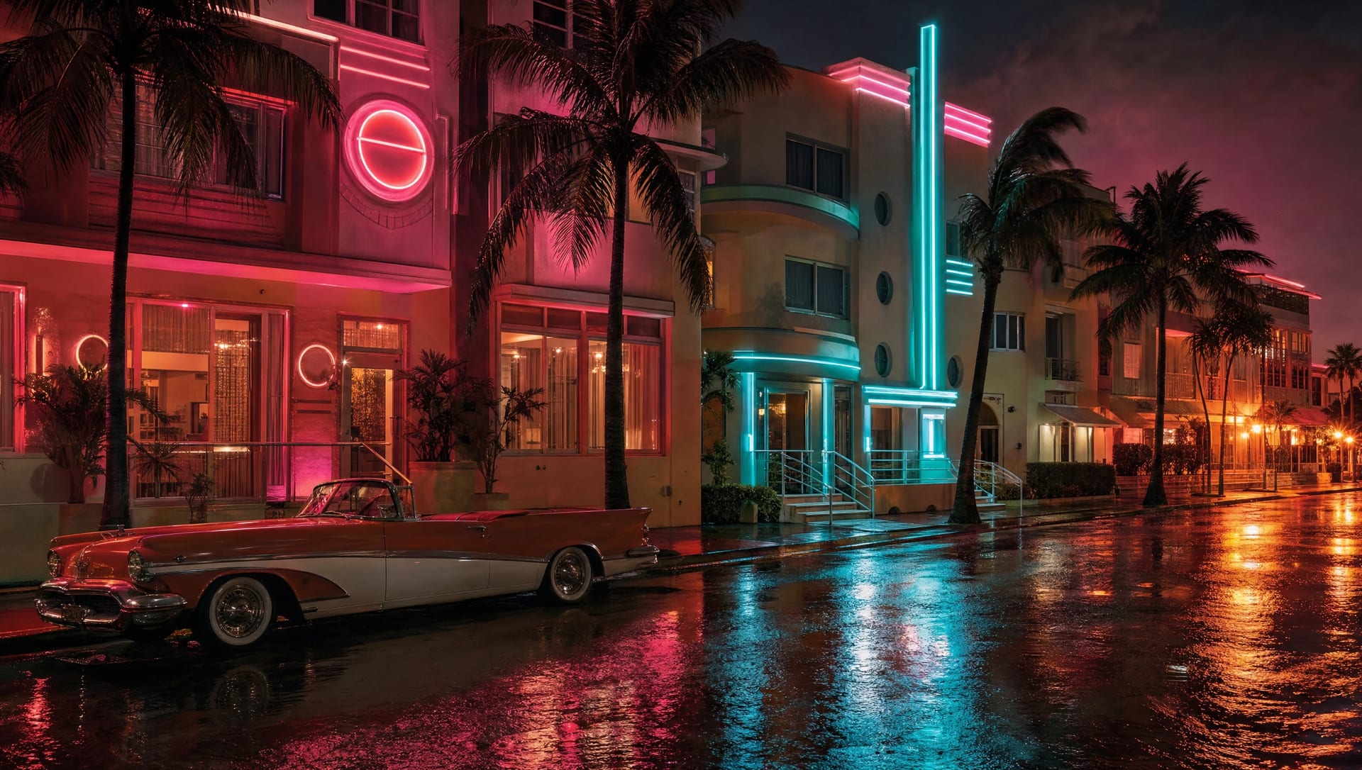 Art deco hotels lit with pink and teal neon after rain