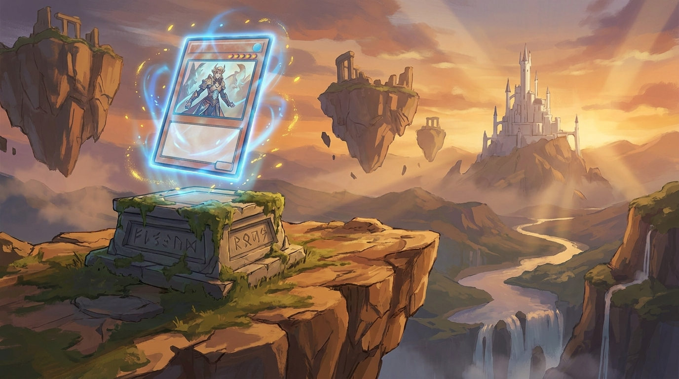 A card resting on a stone altar under arcane light