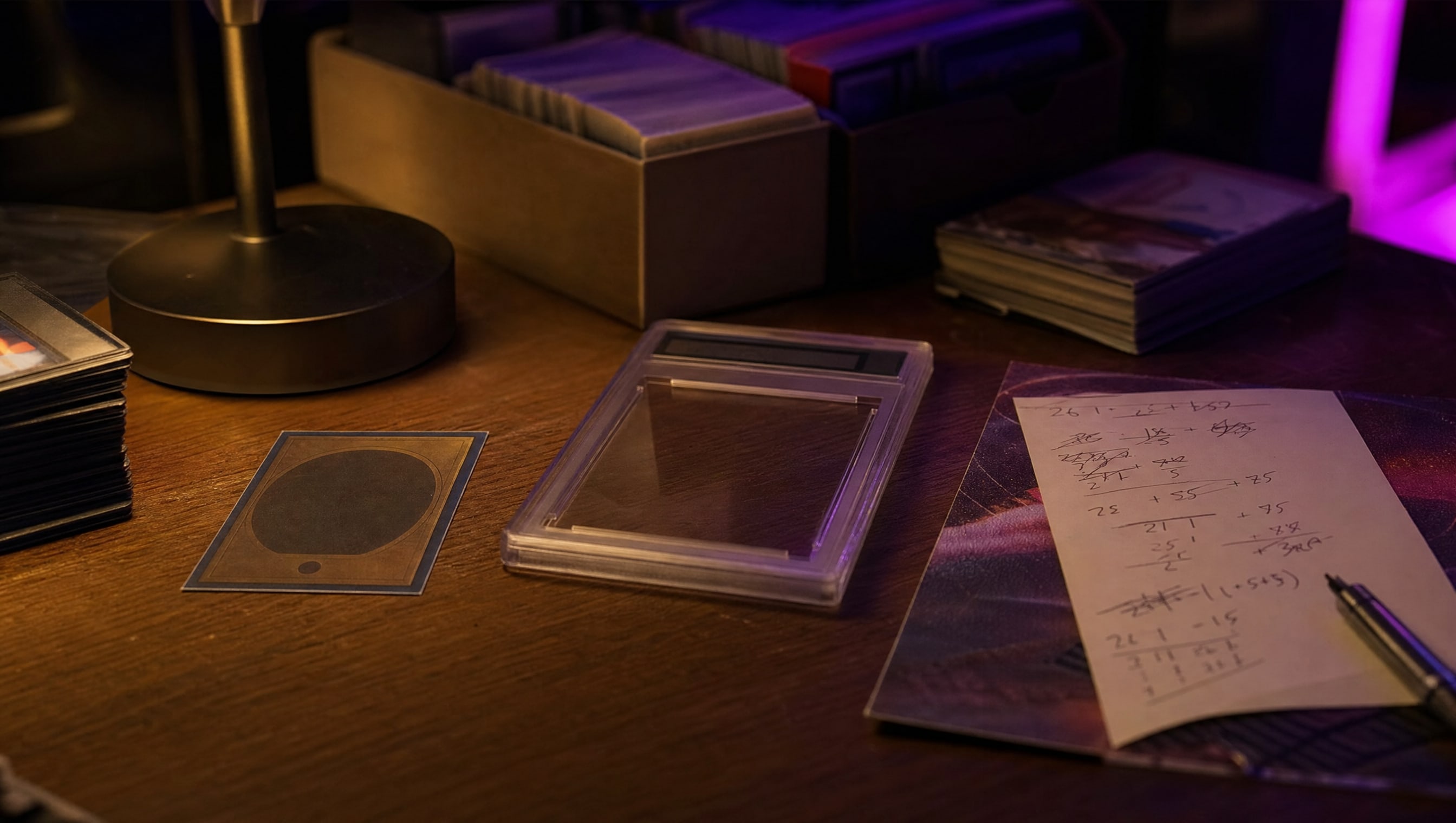 A raw trading card lying beside an empty grading slab on Ian's desk, with break-even math scribbled on the back of a show flyer