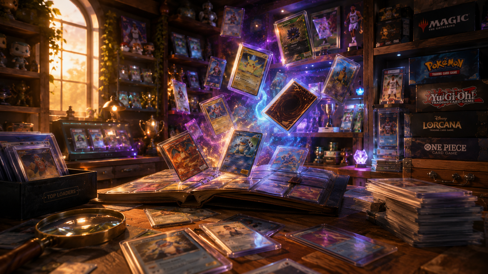 Slabbed cards rising from an open binder in a glowing collection room