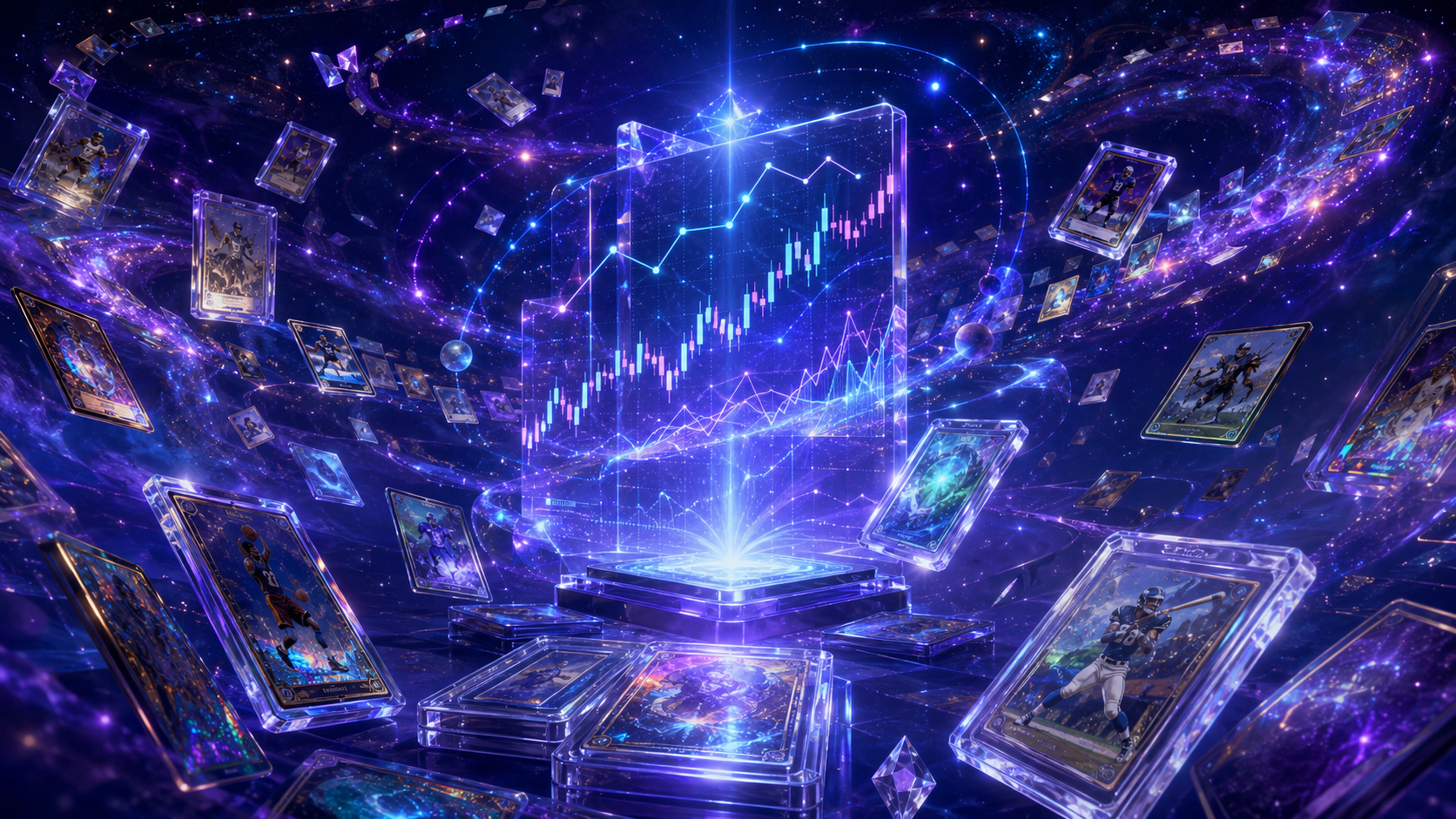 Crystal-slabbed cards drifting through a violet nebula