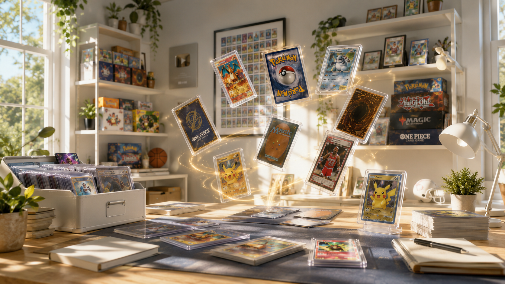 A sunlit collection room, slabbed cards rising from the desk