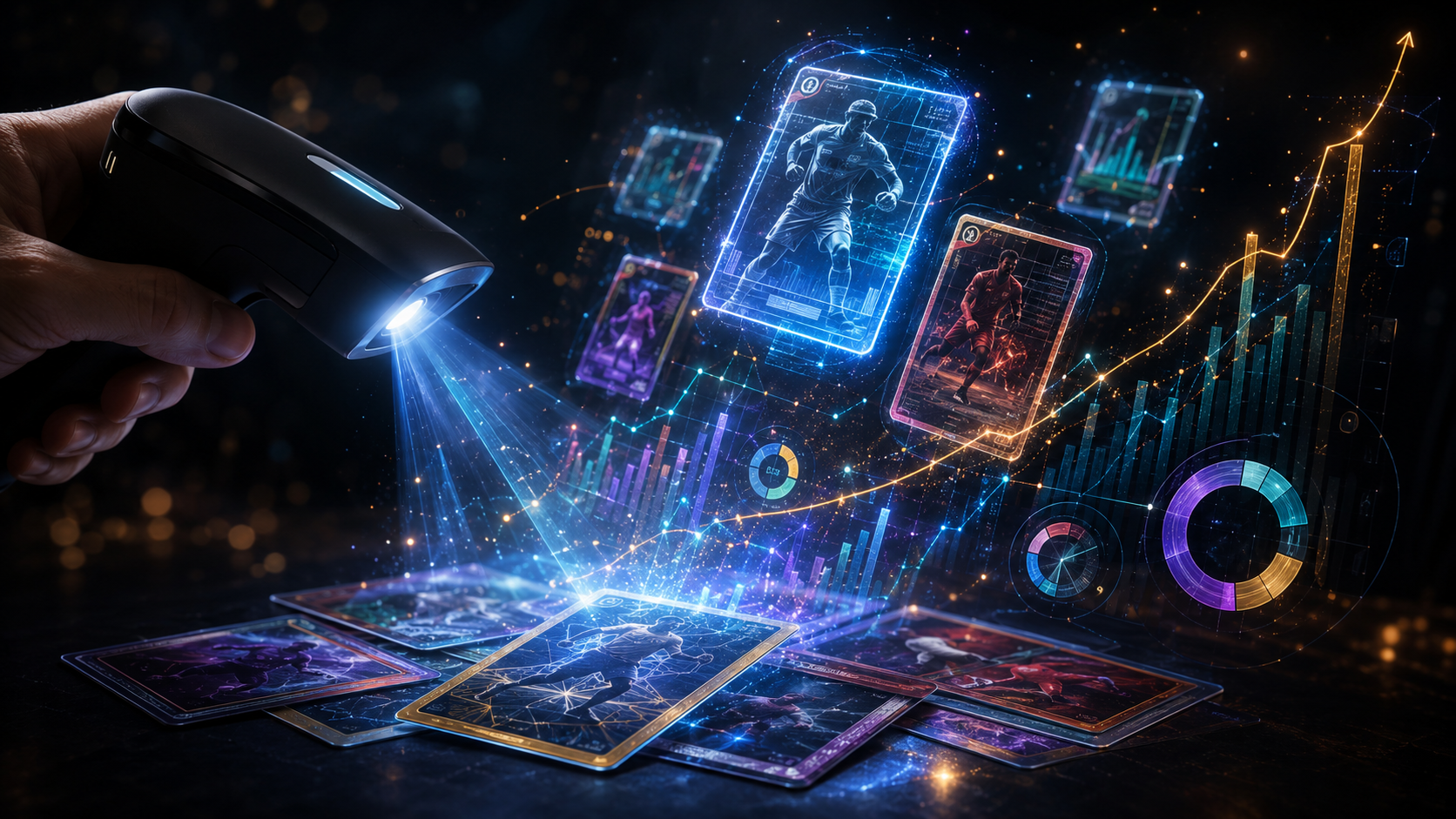 A handheld scanner projecting holographic card data