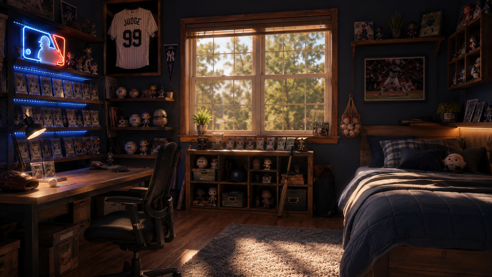 Ian's collection room — card walls, neon, and a sunlit window
