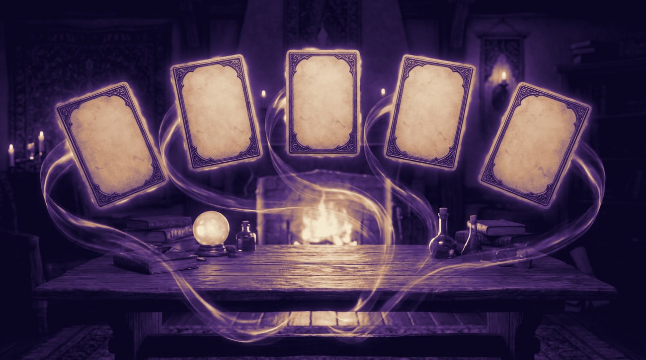 A short row of standing cards with ribbons of light curling between them.