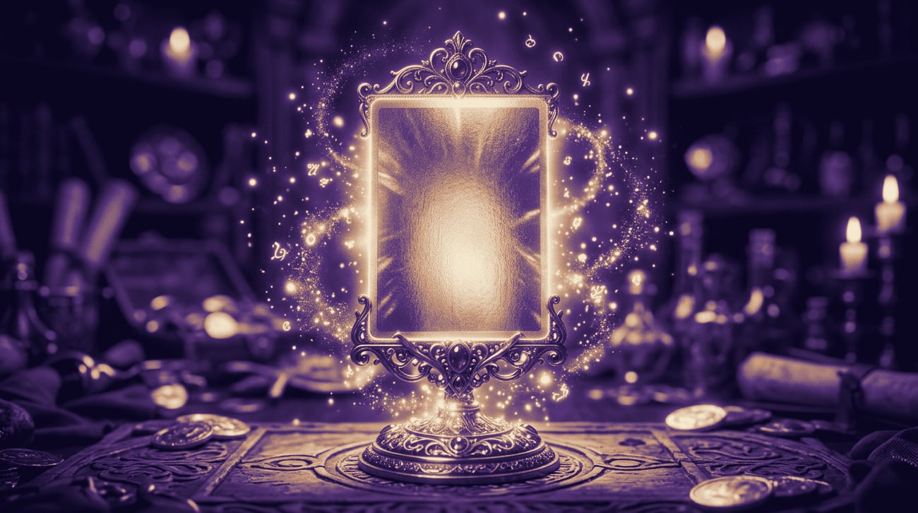 A single lit panel held in an ornate gilt frame on a cluttered desk.