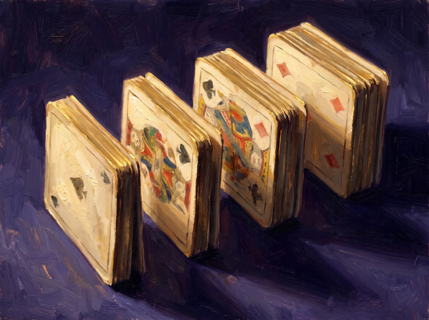 Cards stood on edge in ascending stacks like a staircase of paper, raking gold light.