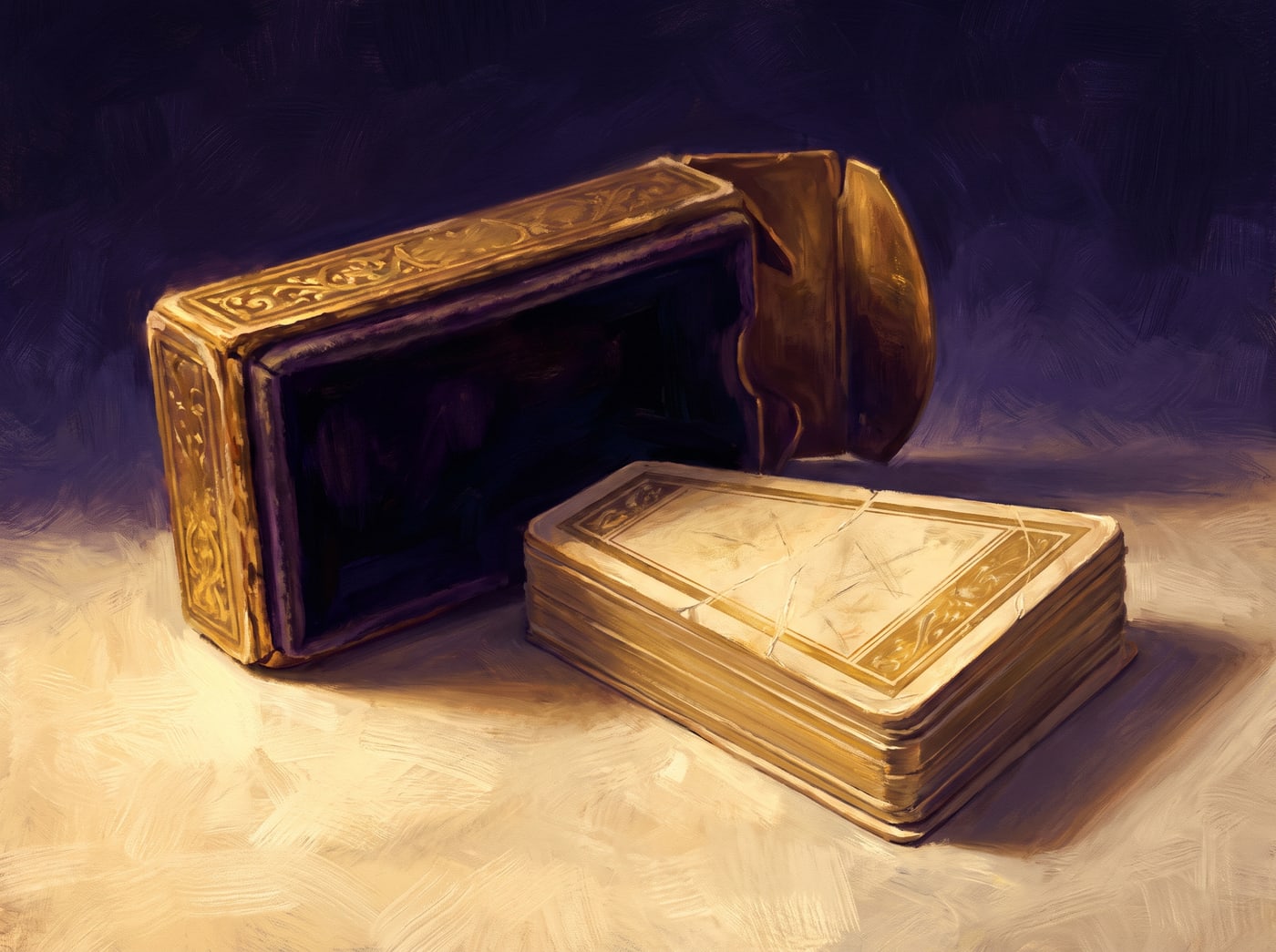 A deck box open on its side with a wedge of cards removed and set apart on vellum.