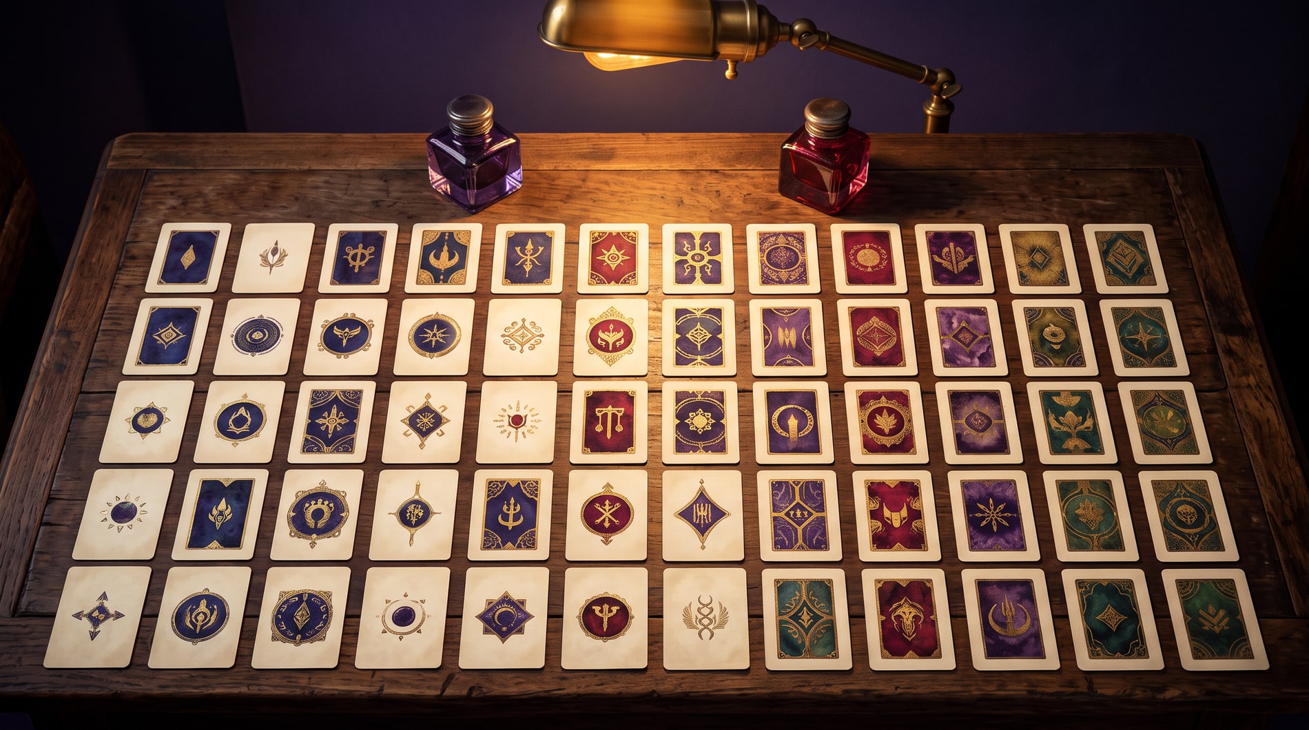 Sixty cards laid in ordered columns by cost across a wide desk, two glass inkwells at the head of the columns.