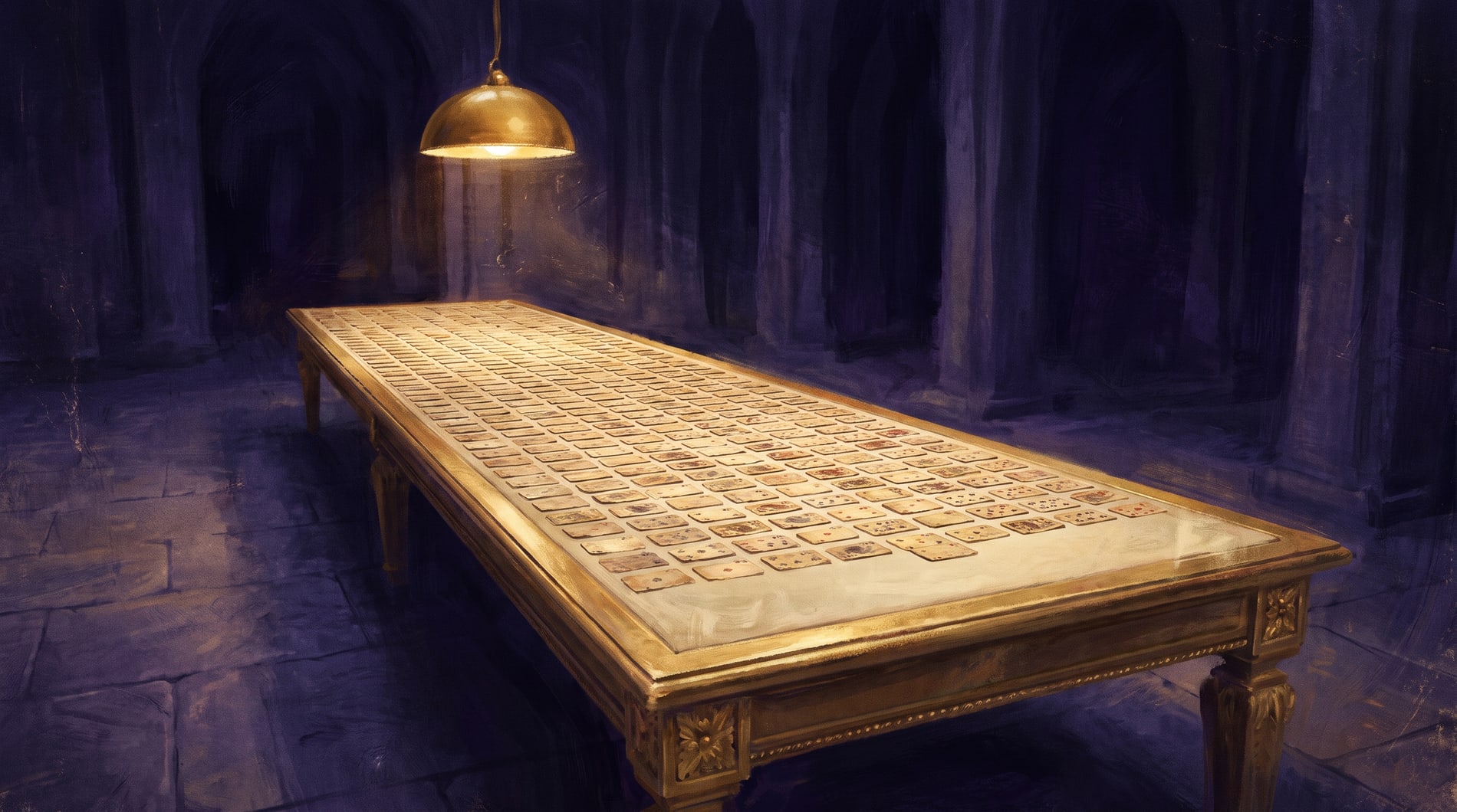 A vast dark hall, one long table receding into violet shadow, cards laid in ordered rows along its length.