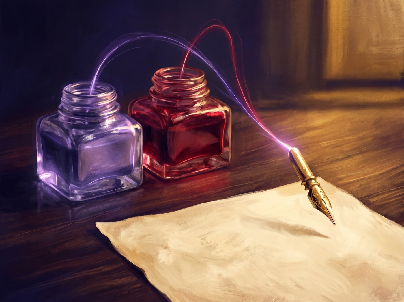 Two glass inkwells, violet and red, ink rising in ribbons to meet at a single gold nib.