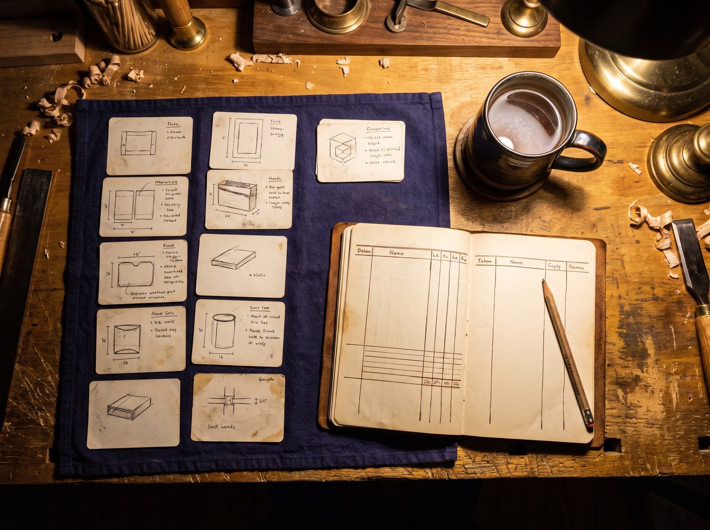 A builder’s workspace from above: a sorted grid of cards, a hand-ruled notebook, a pencil, cold tea.
